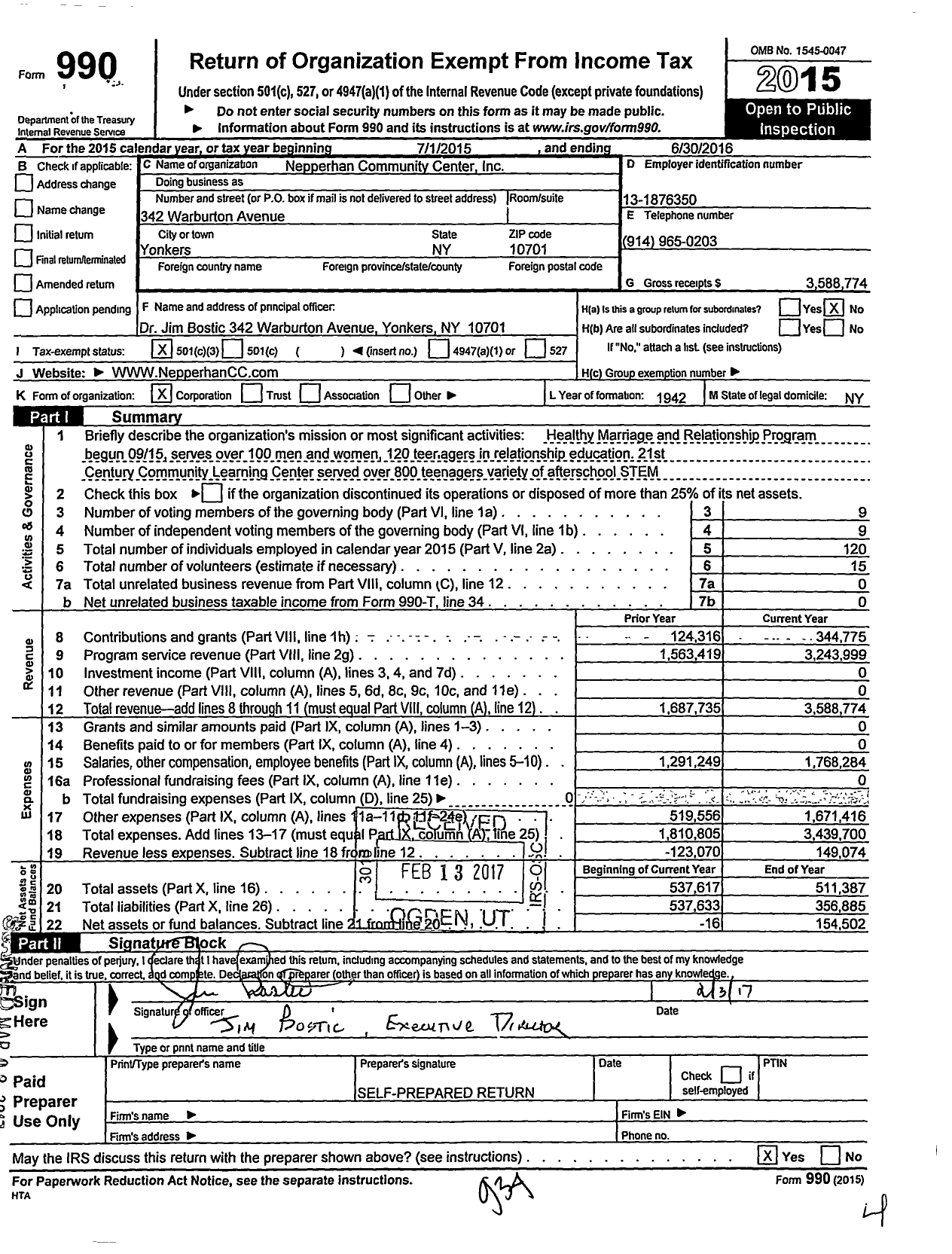 Image of first page of 2015 Form 990 for Nepperhan Community Center