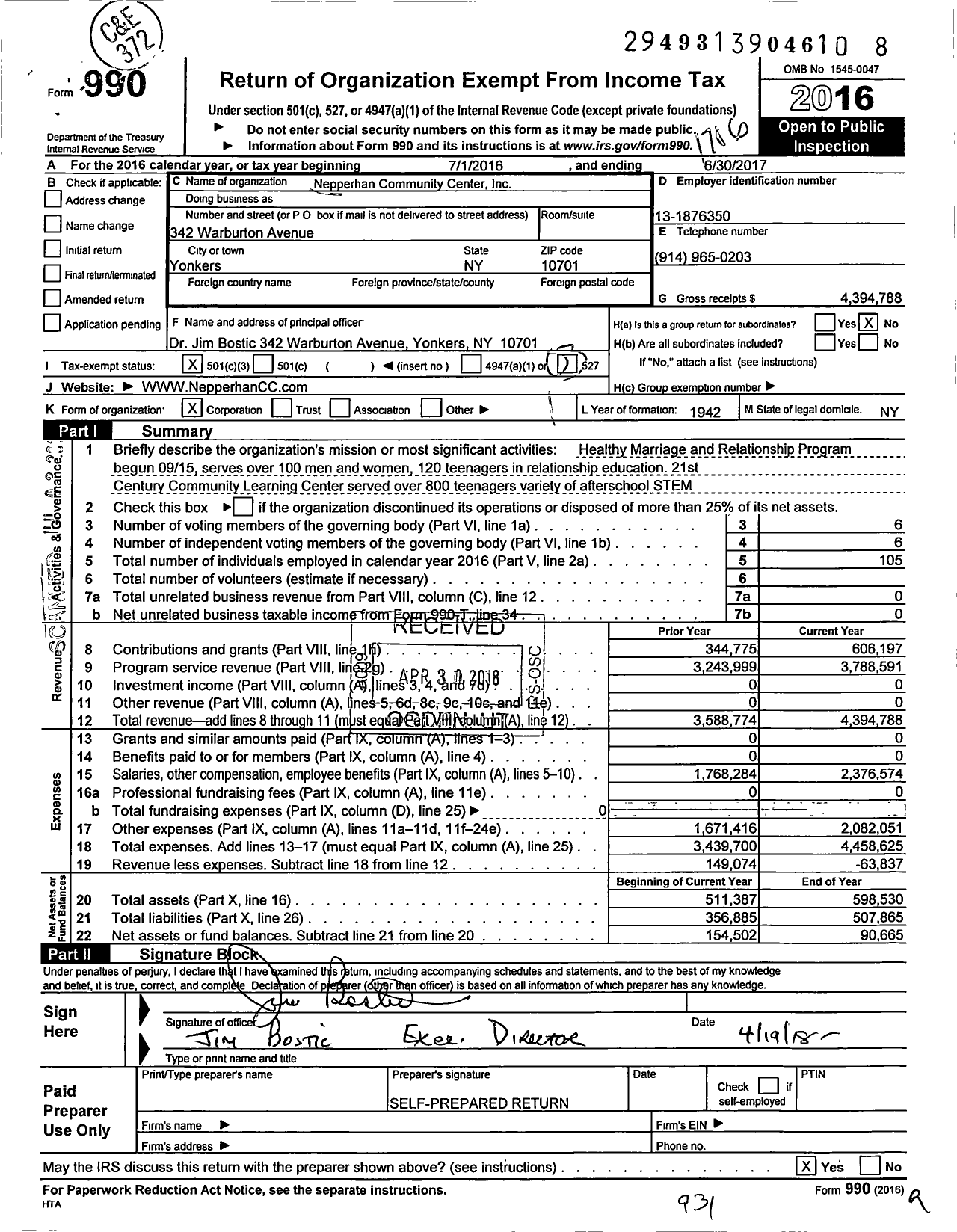 Image of first page of 2016 Form 990 for Nepperhan Community Center