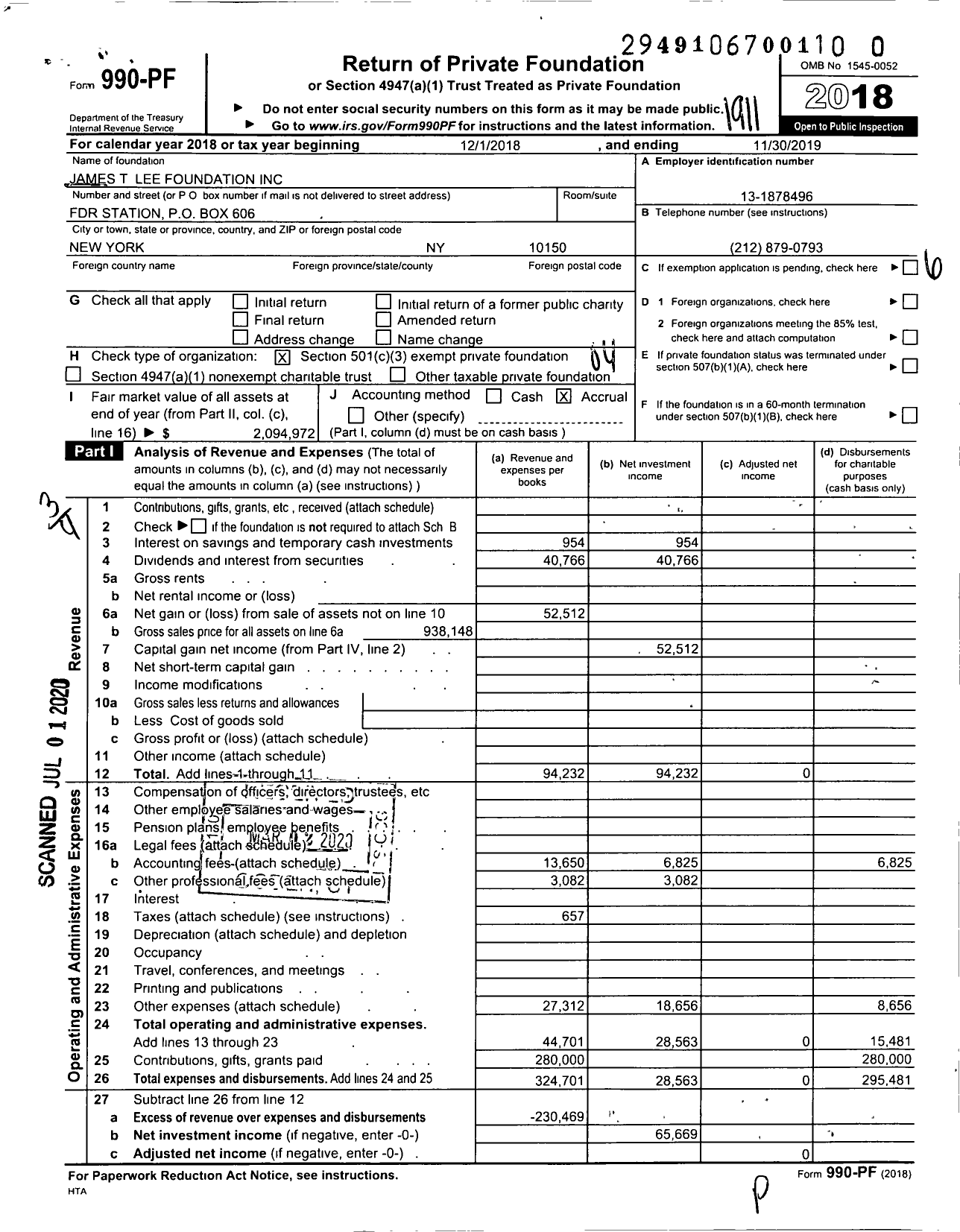 Image of first page of 2018 Form 990PR for James T Lee Foundation