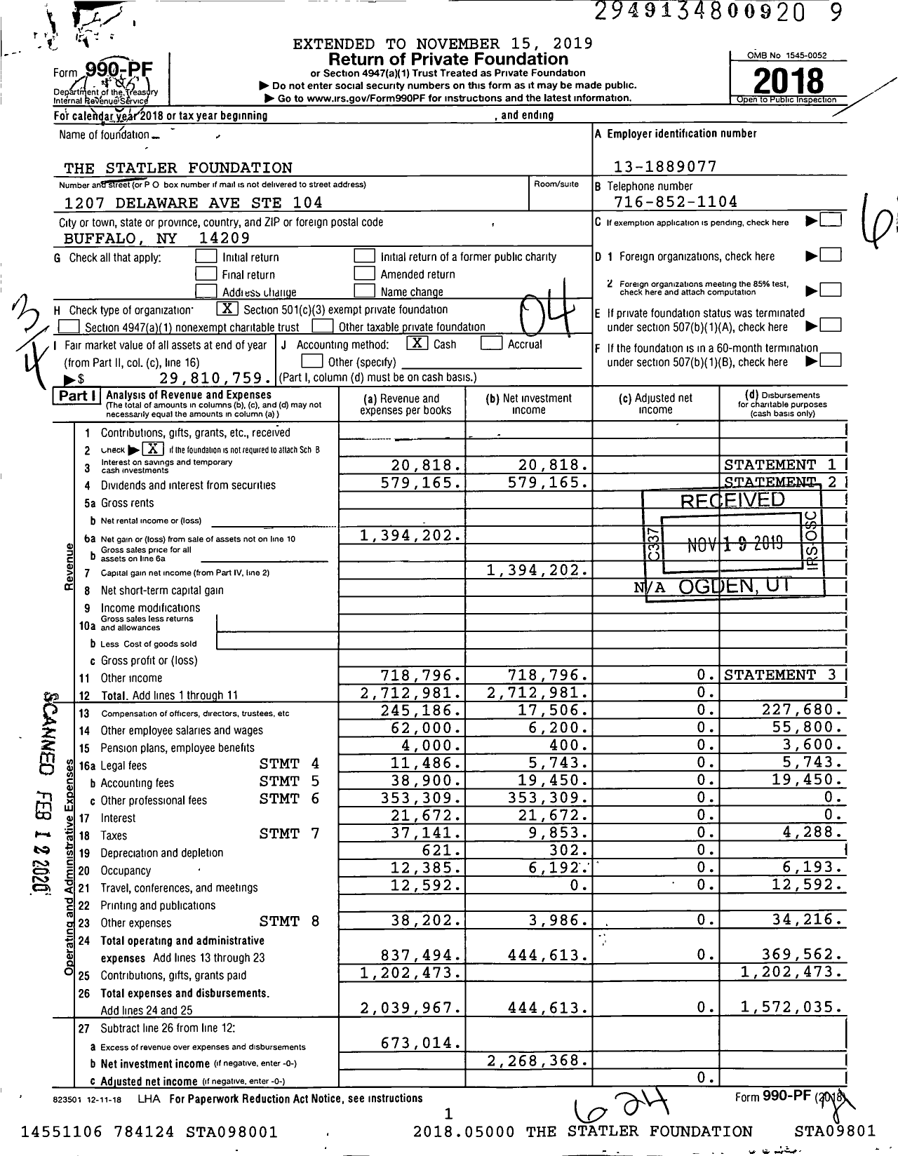 Image of first page of 2018 Form 990PF for The Statler Foundation