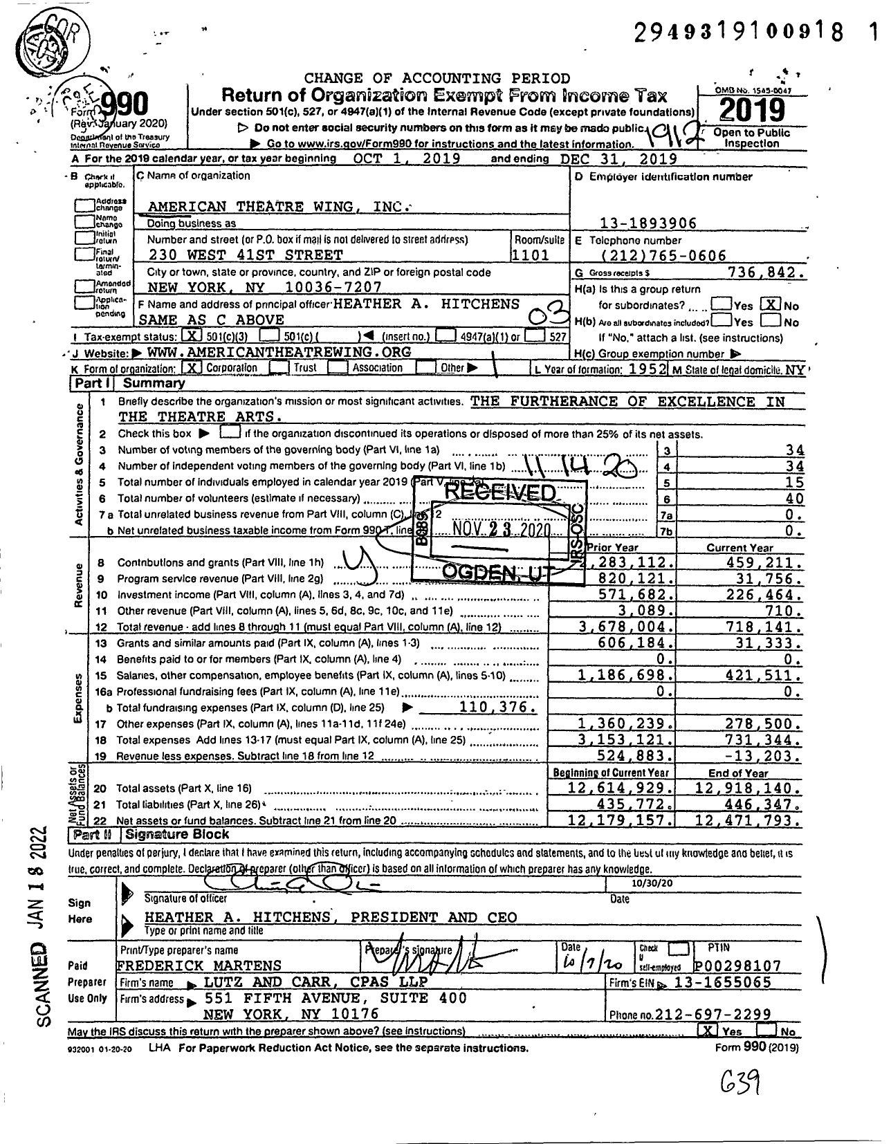 Image of first page of 2019 Form 990 for American Theatre Wing