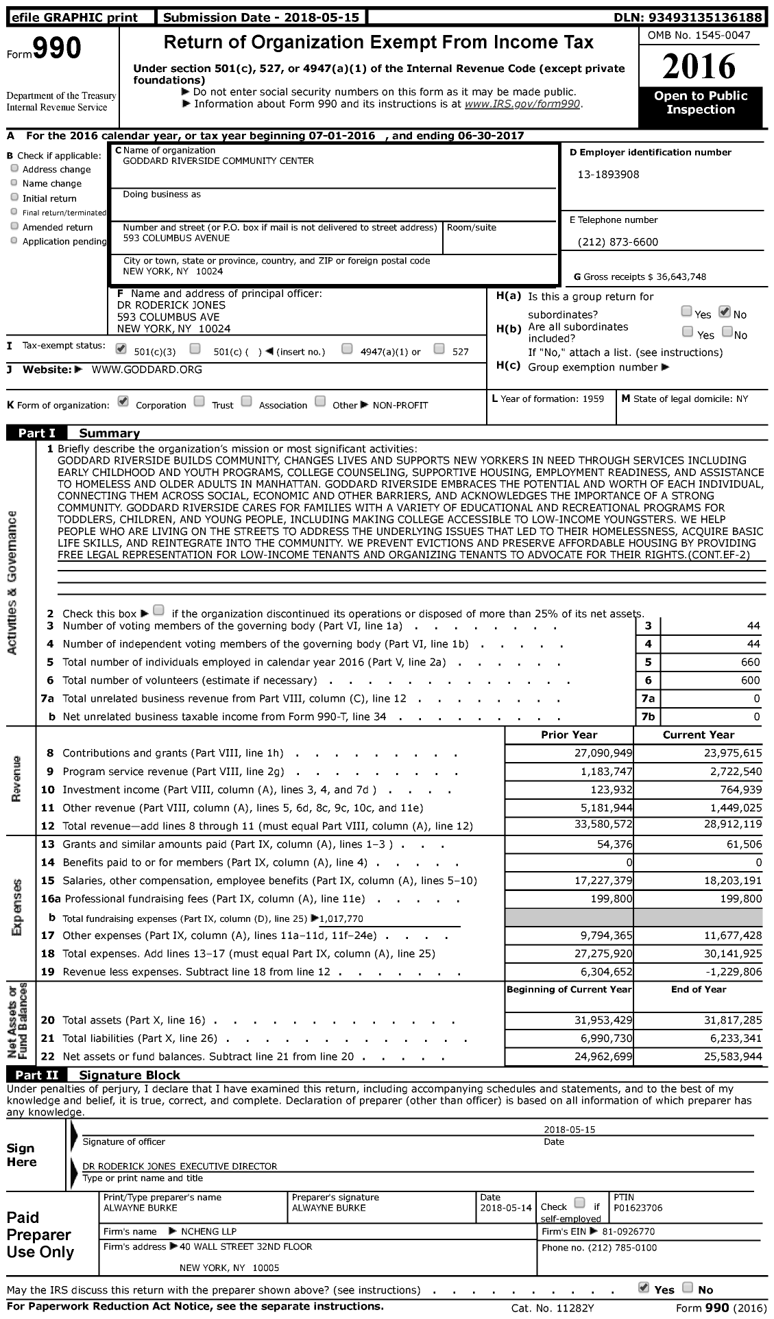 Image of first page of 2016 Form 990 for Goddard Riverside Community Center
