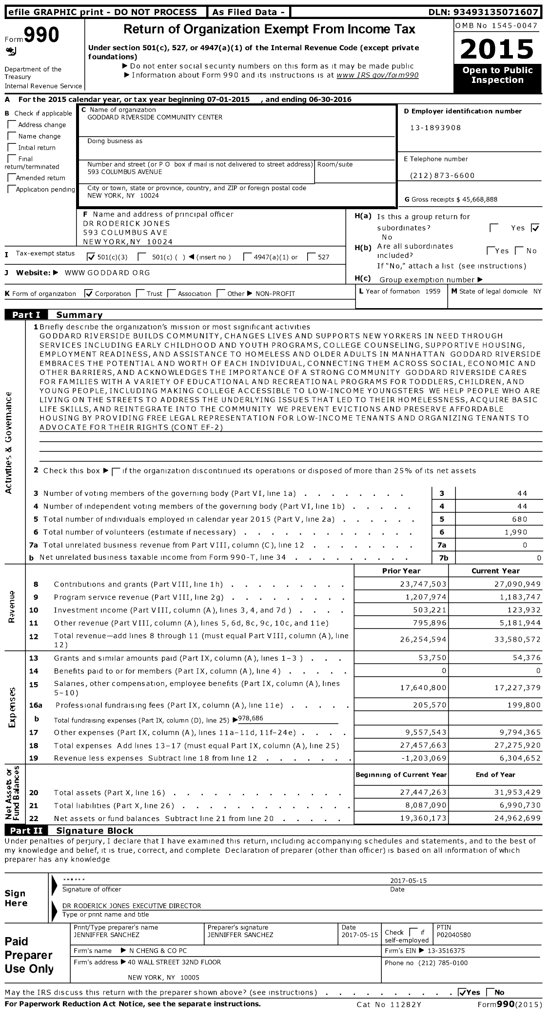 Image of first page of 2015 Form 990 for Goddard Riverside Community Center