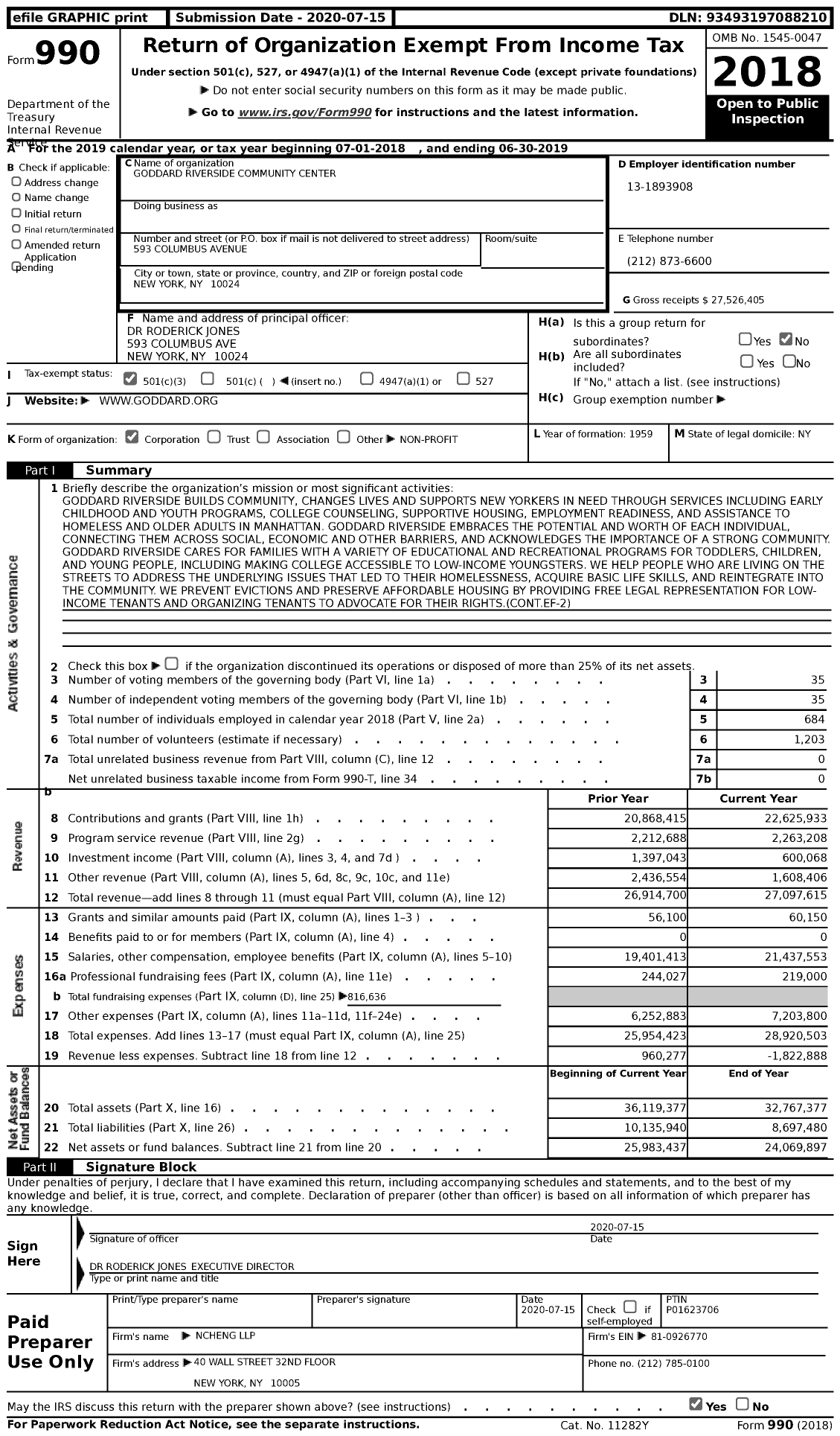 Image of first page of 2018 Form 990 for Goddard Riverside Community Center