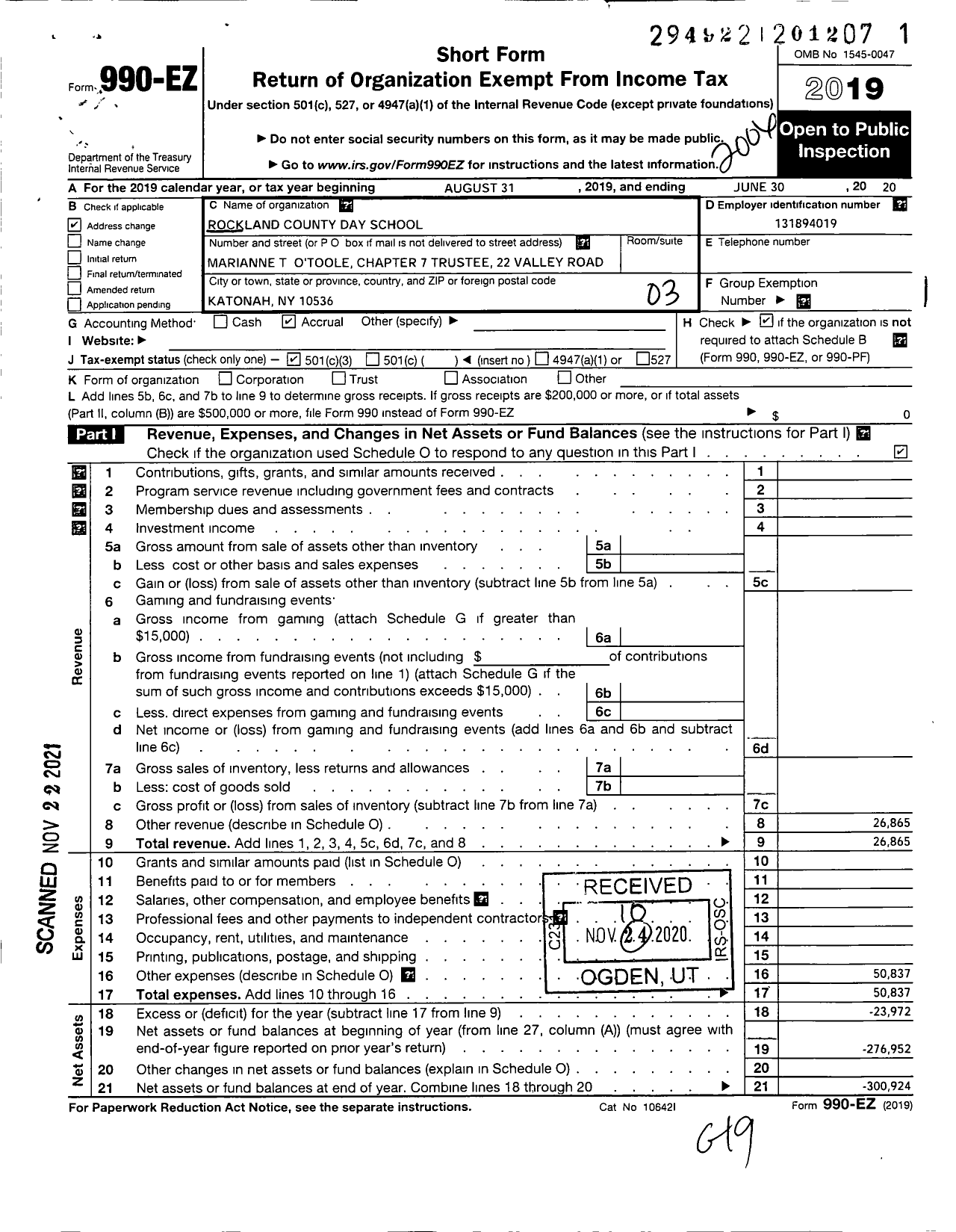 Image of first page of 2019 Form 990EZ for Rockland Country Day School