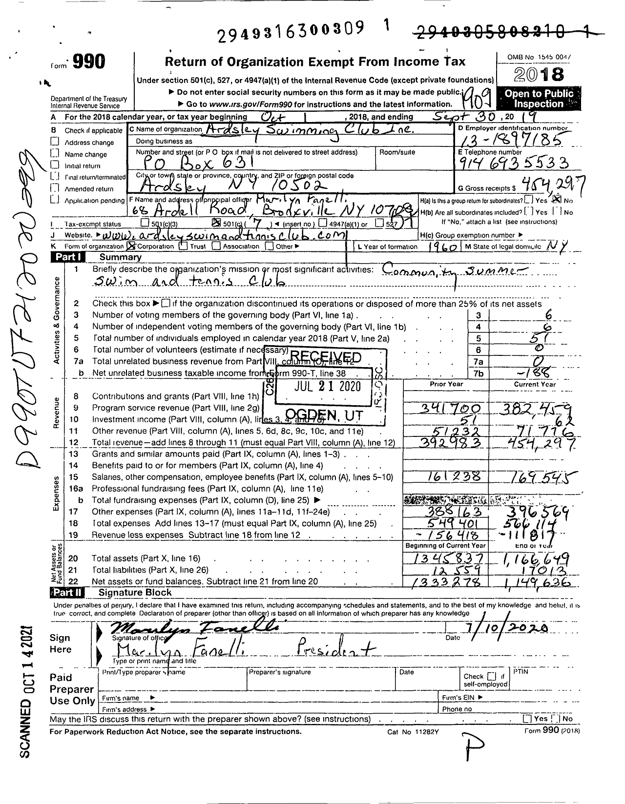 Image of first page of 2018 Form 990O for Ardsley Swimming Club