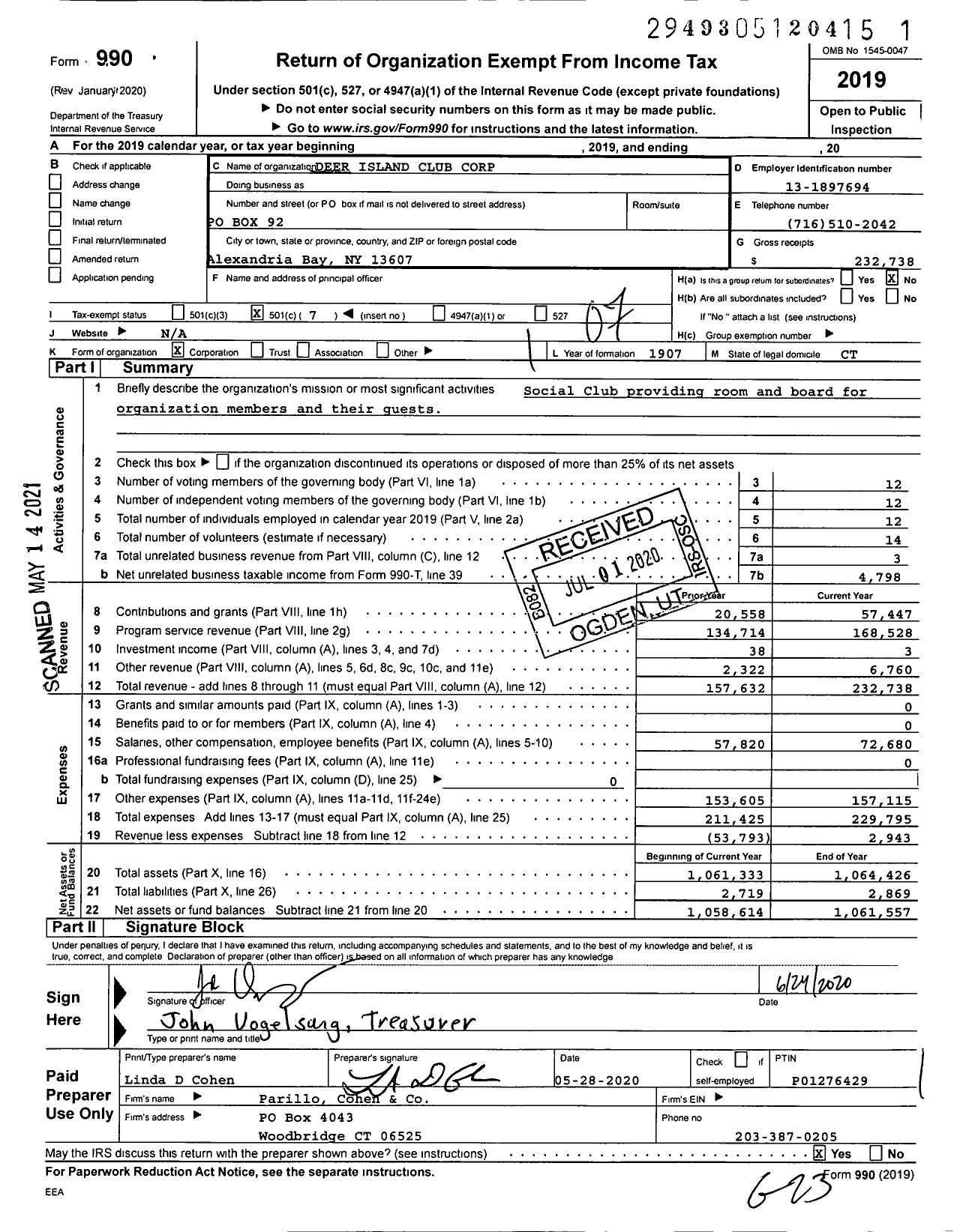 Image of first page of 2019 Form 990O for Deer Island Club Corp