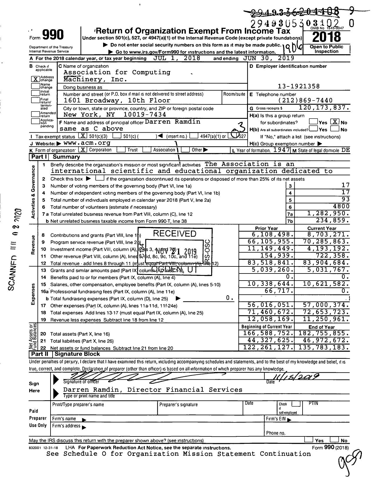 Image of first page of 2018 Form 990 for Association for Computing Machinery