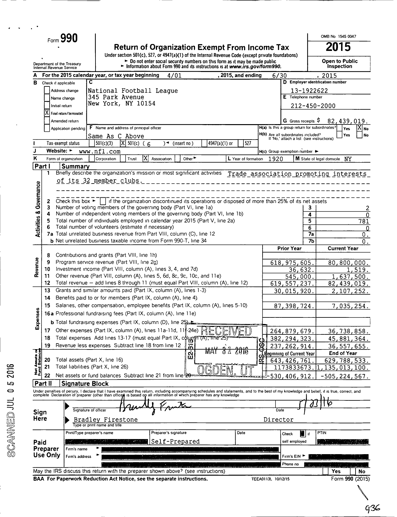 Image of first page of 2014 Form 990O for National Football League (NFL)