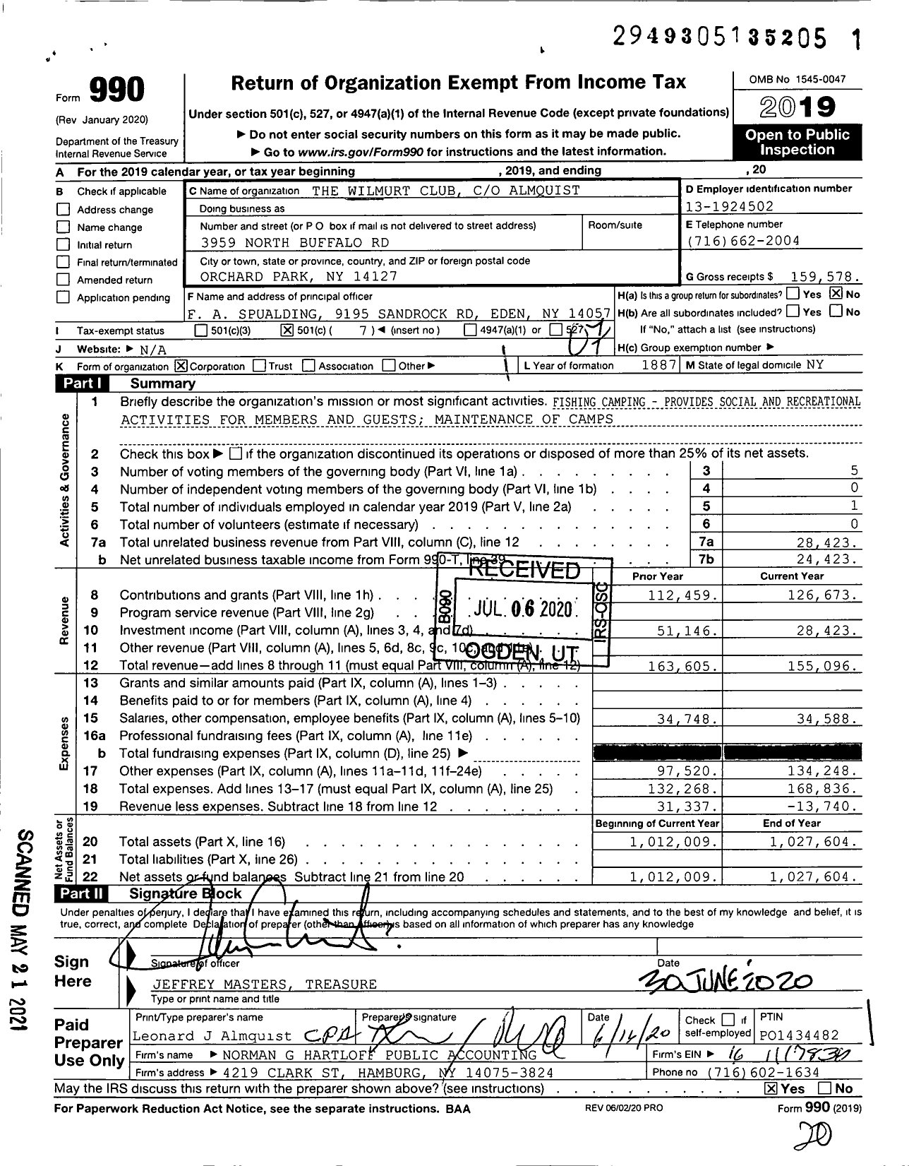 Image of first page of 2019 Form 990O for The Wilmurt Club