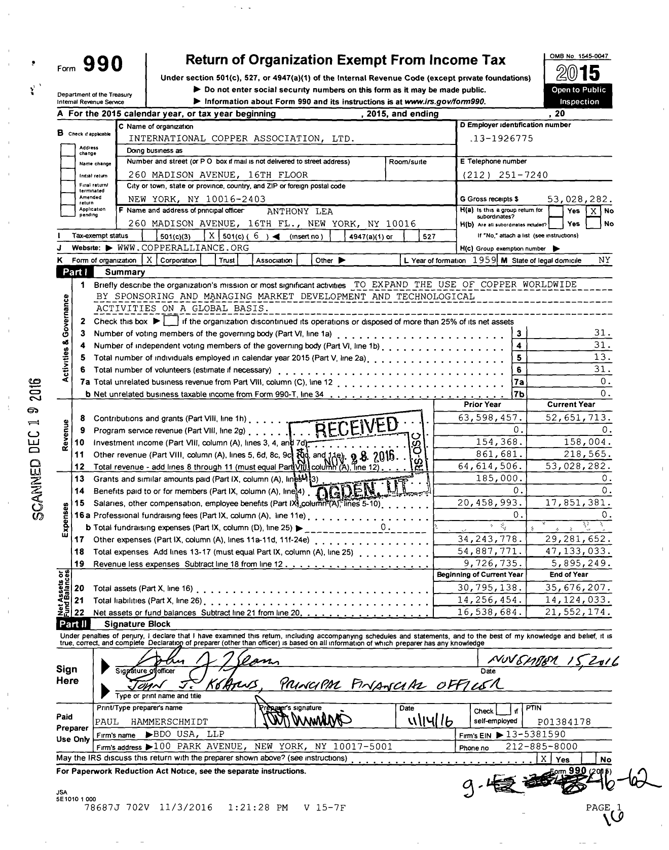 Image of first page of 2015 Form 990O for International Copper Association