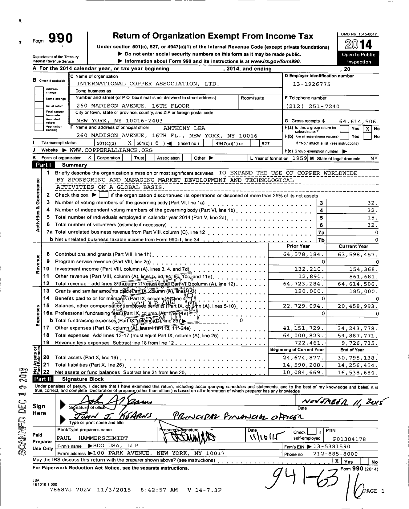 Image of first page of 2014 Form 990O for International Copper Association