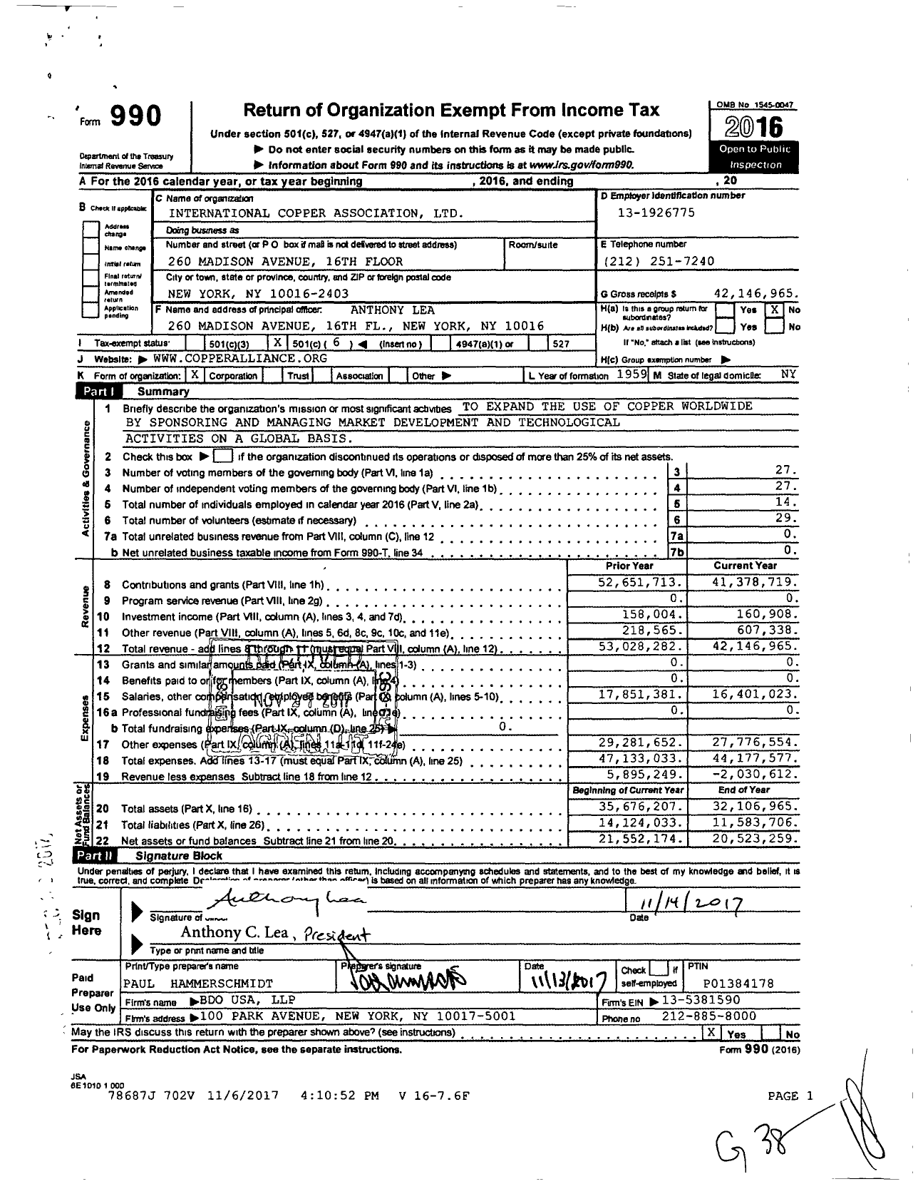 Image of first page of 2016 Form 990O for International Copper Association