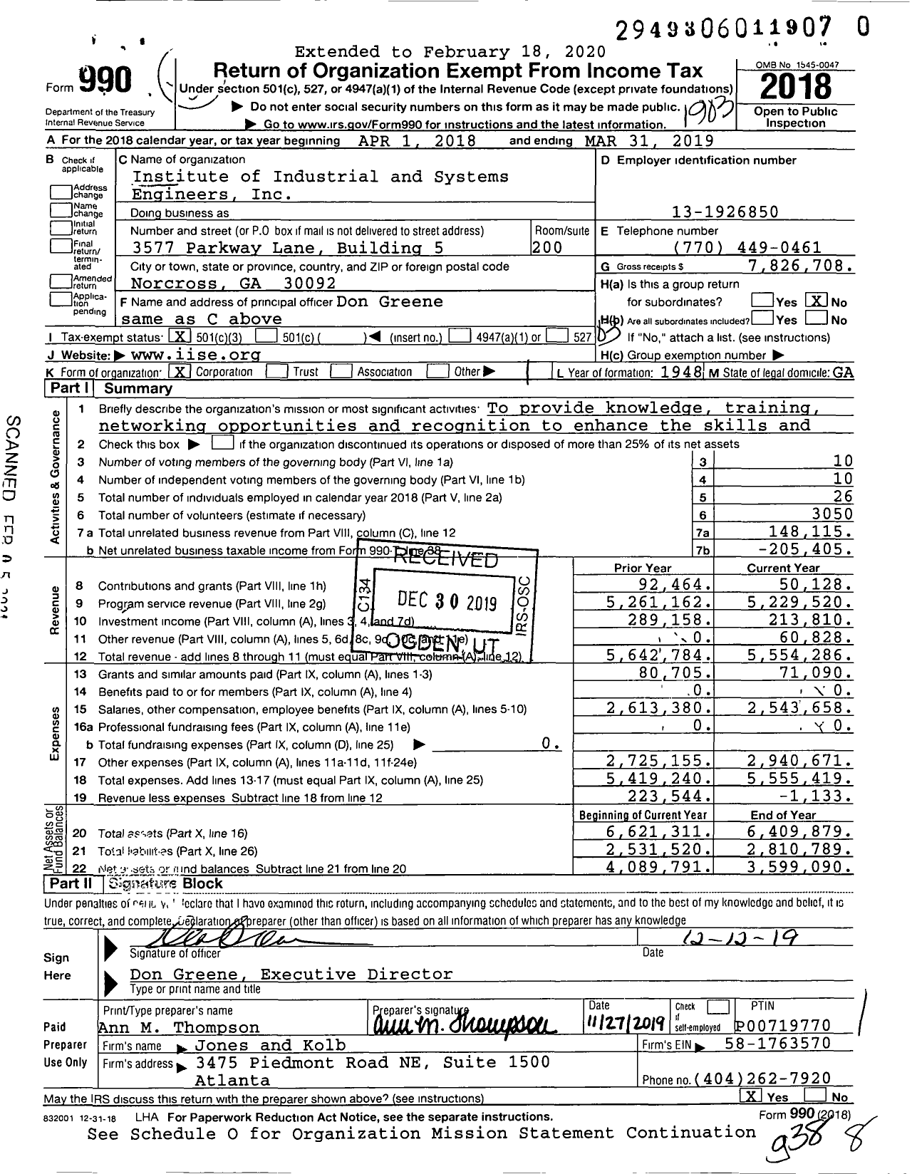 Image of first page of 2018 Form 990 for Institute of Industrial and Systems Engineers (IISE)