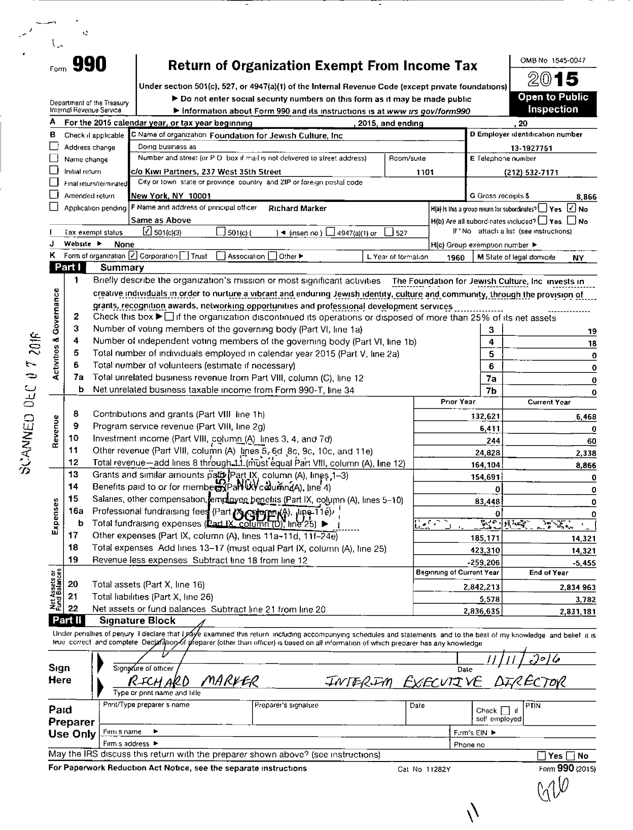 Image of first page of 2015 Form 990 for Foundation for Jewish Culture