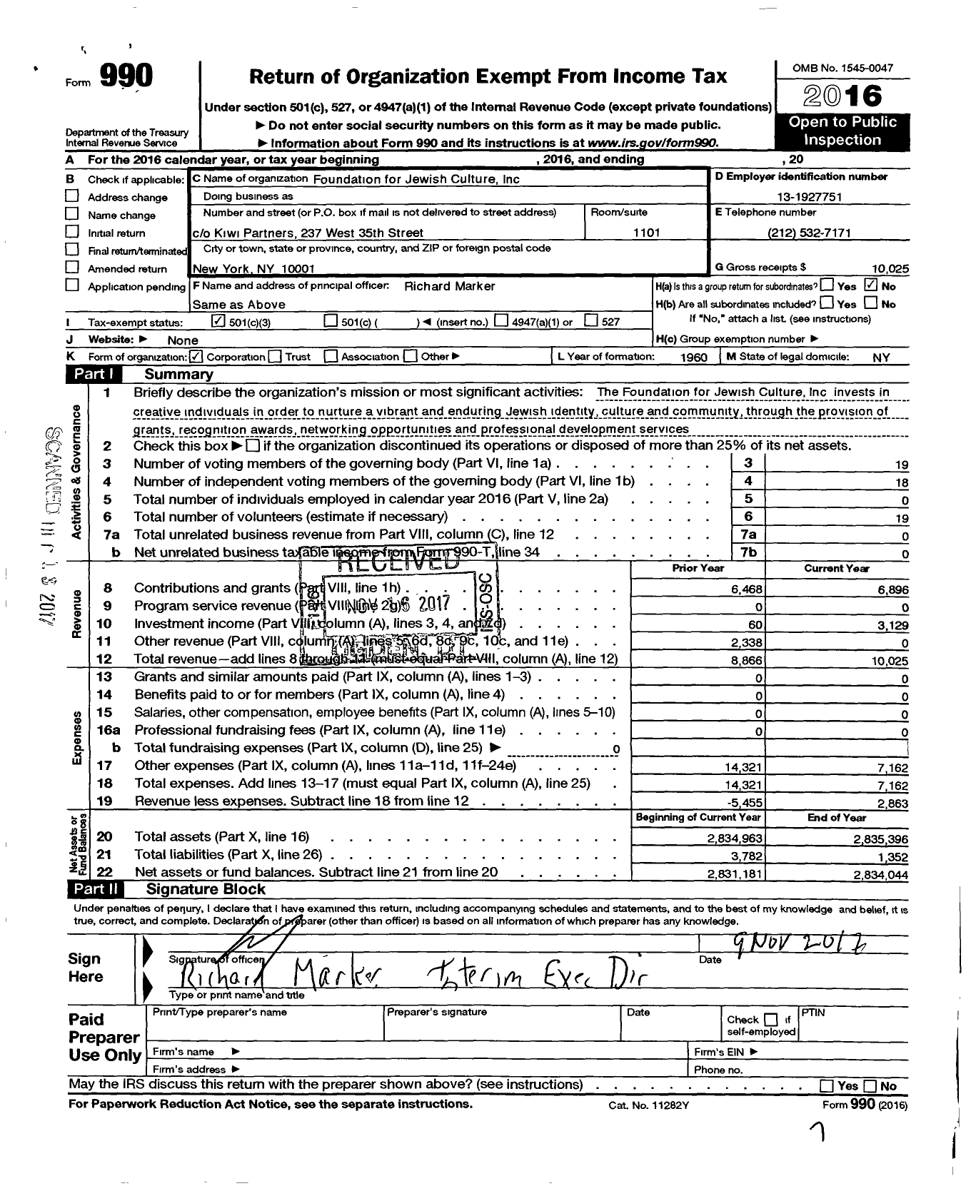 Image of first page of 2016 Form 990 for Foundation for Jewish Culture