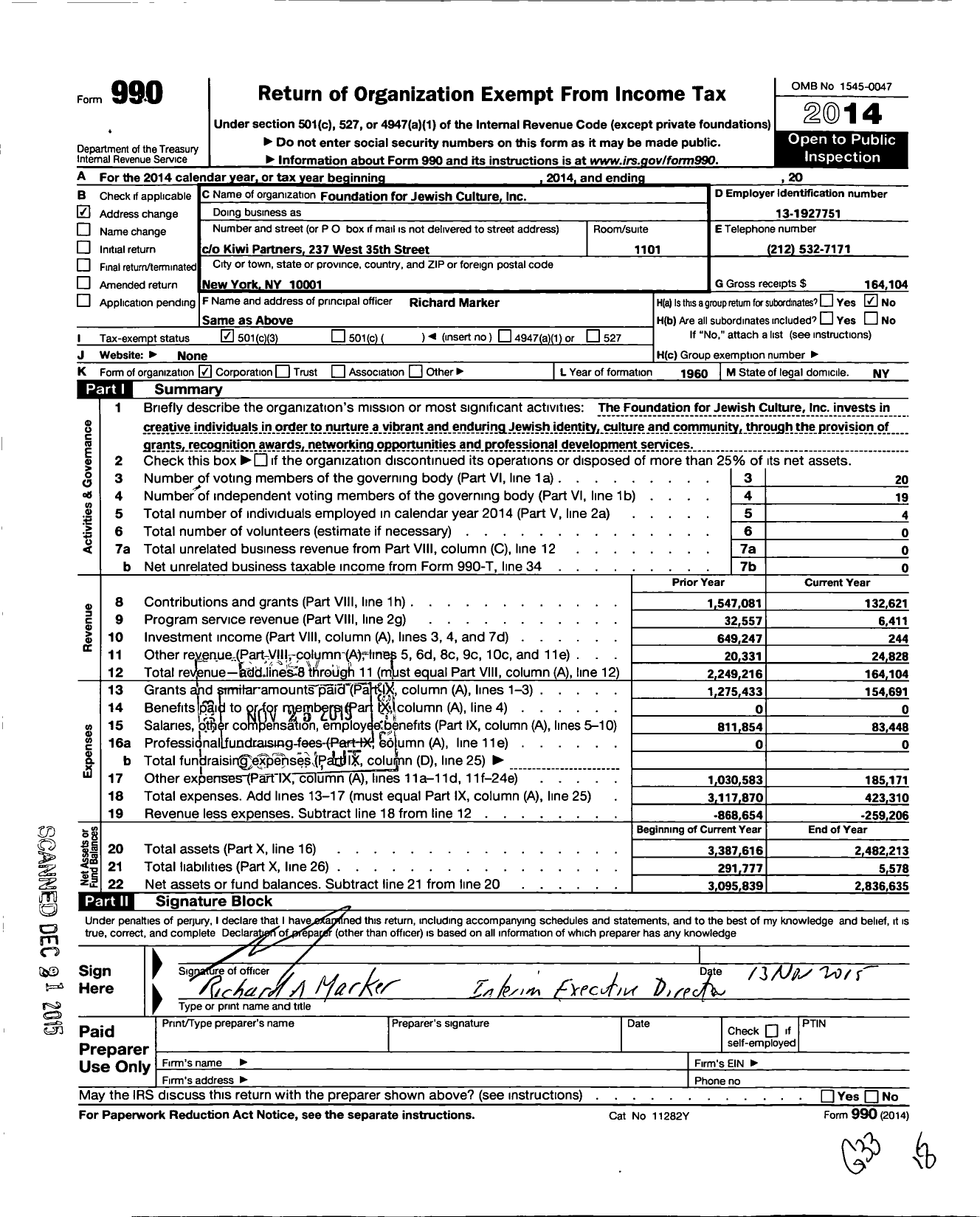 Image of first page of 2014 Form 990 for Foundation for Jewish Culture