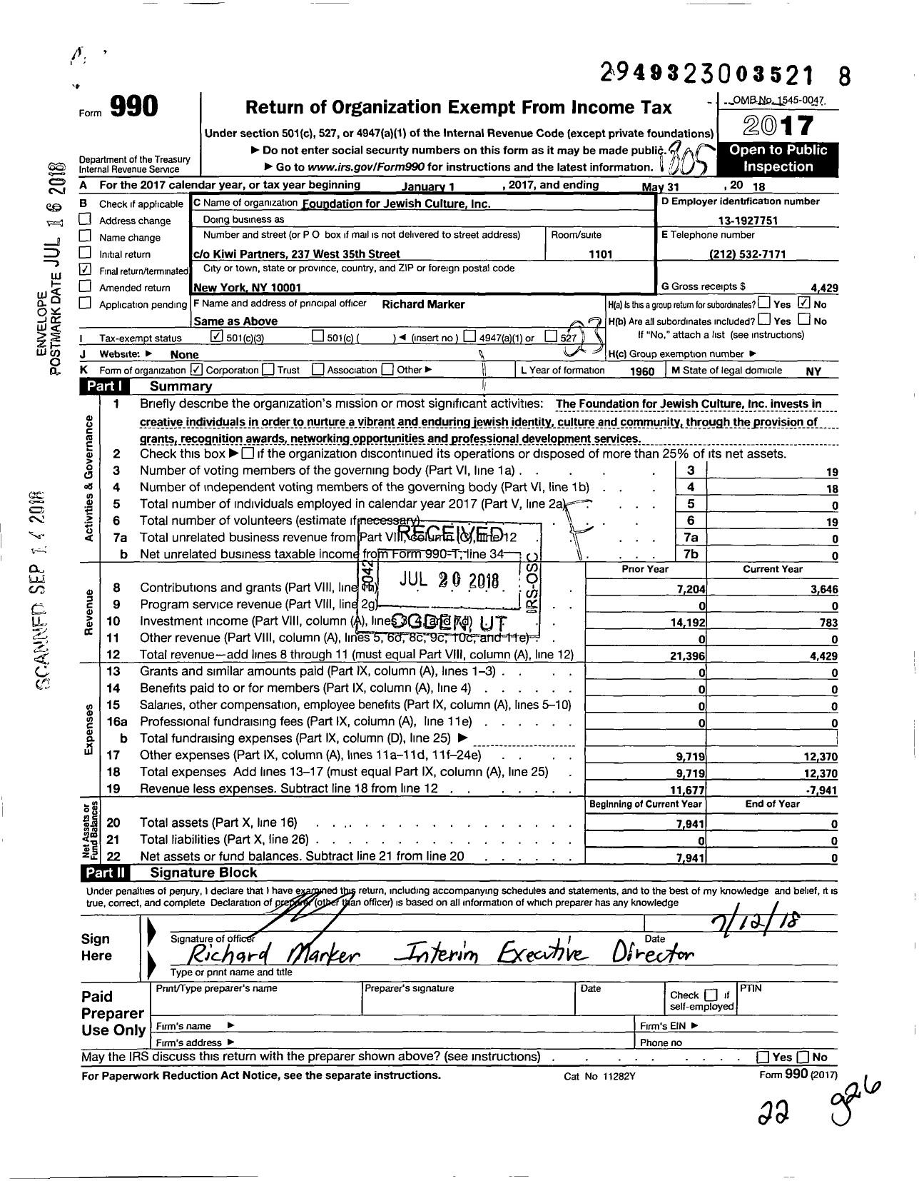 Image of first page of 2017 Form 990 for Foundation for Jewish Culture