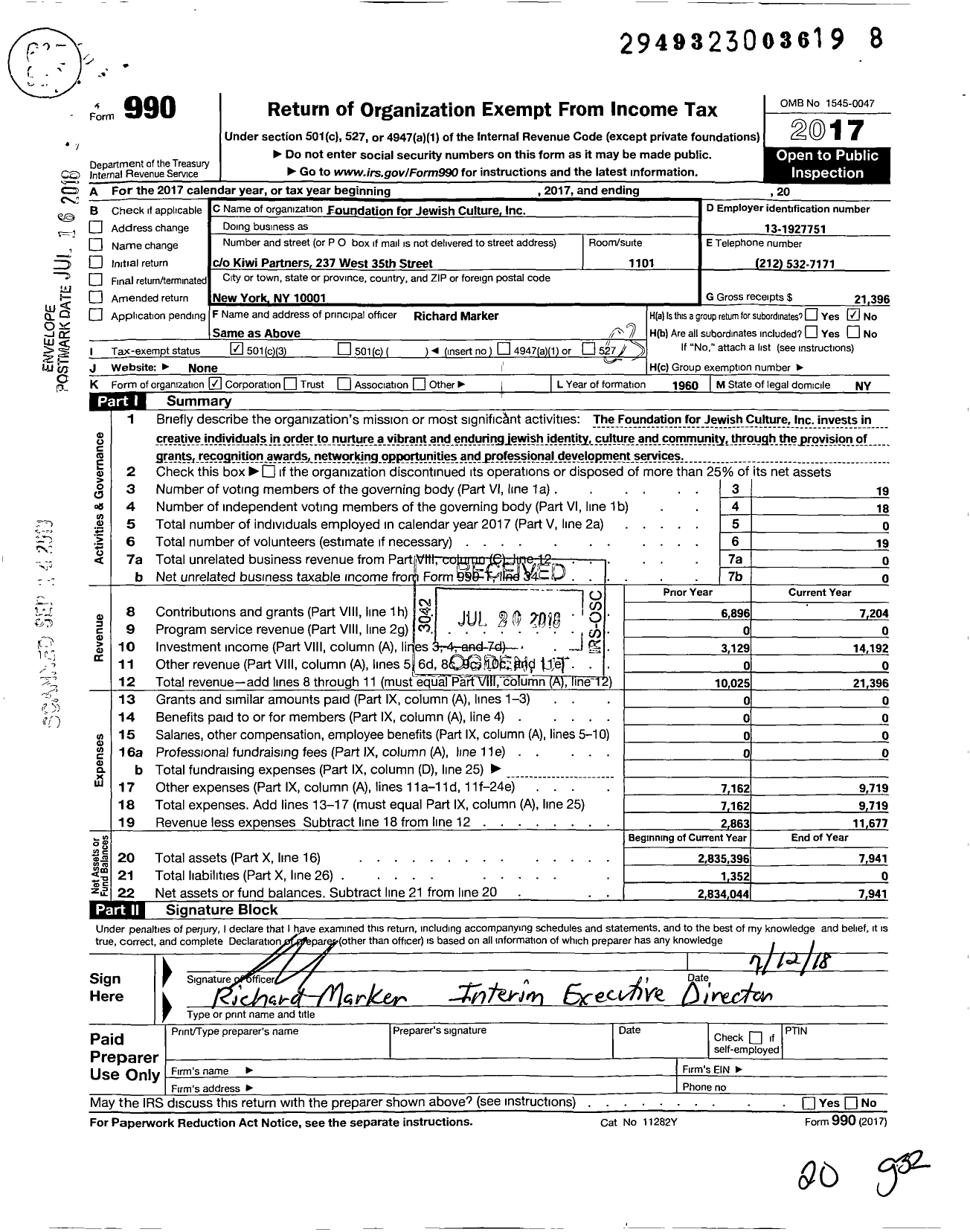 Image of first page of 2017 Form 990 for Foundation for Jewish Culture