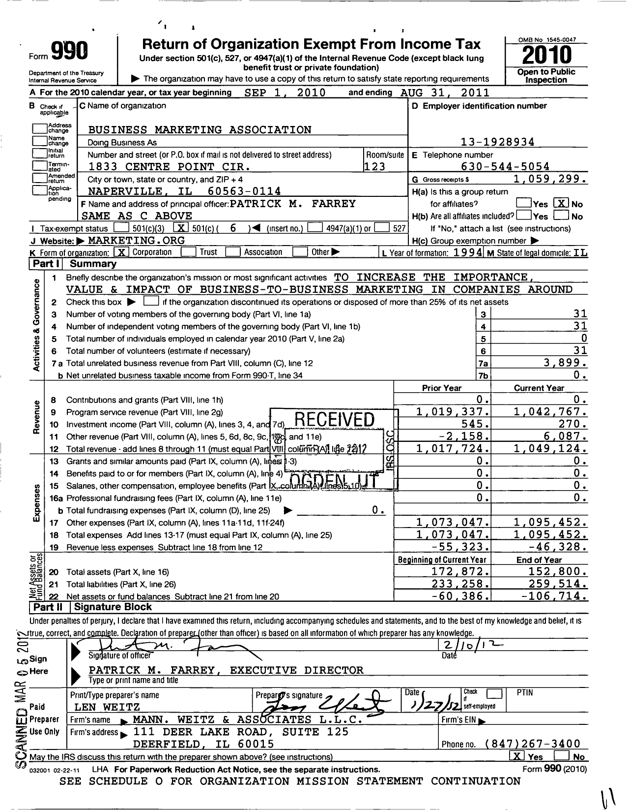 Image of first page of 2010 Form 990O for Business Marketing Association