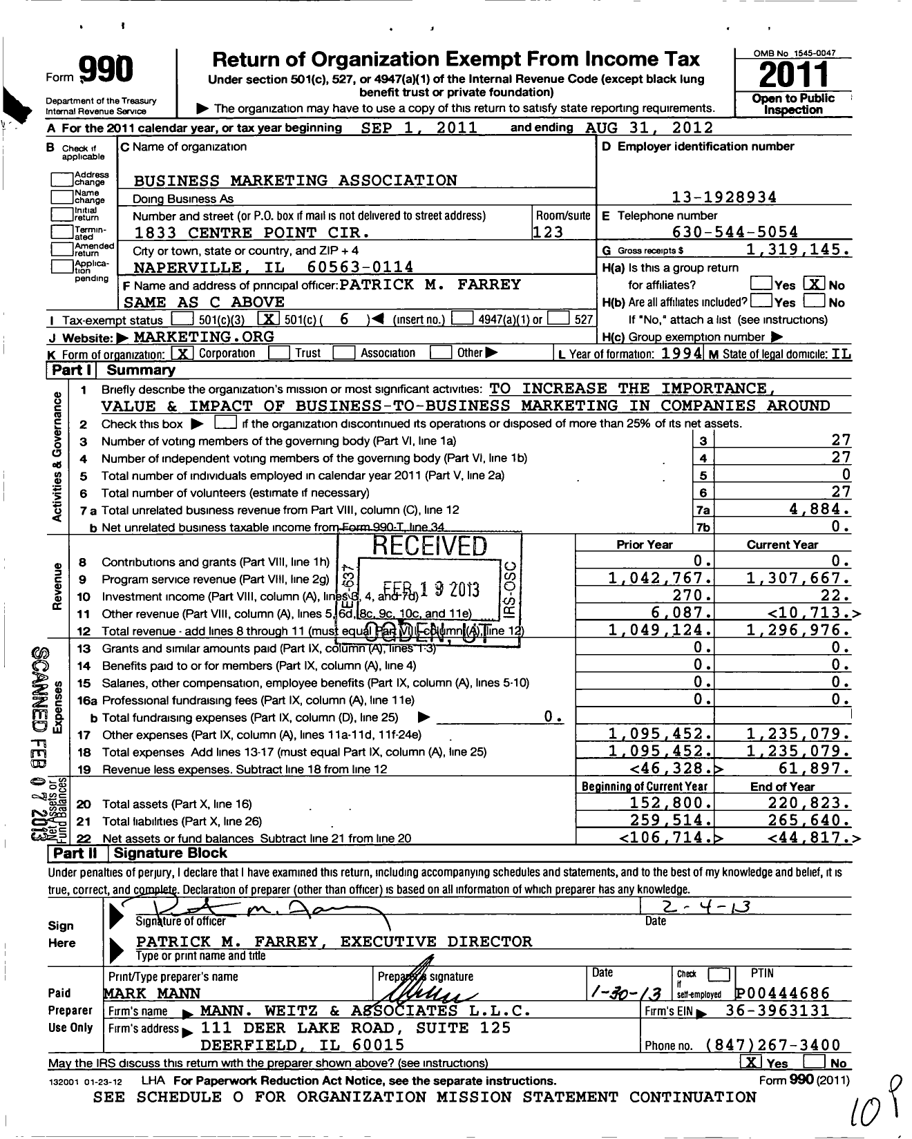 Image of first page of 2011 Form 990O for Business Marketing Association