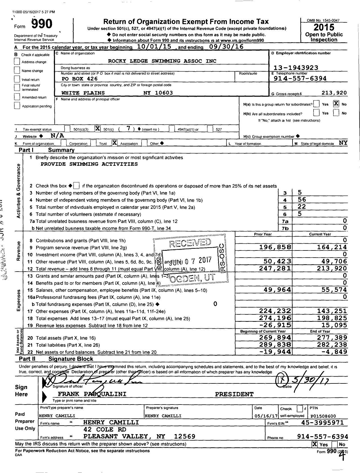 Image of first page of 2015 Form 990O for Rocky Ledge Swimming Association