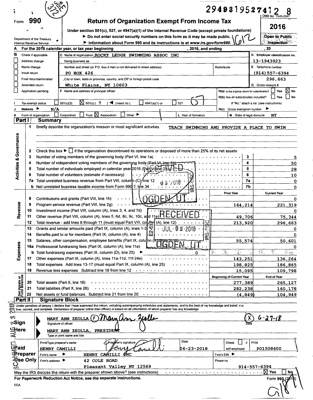 Image of first page of 2016 Form 990O for Rocky Ledge Swimming Association