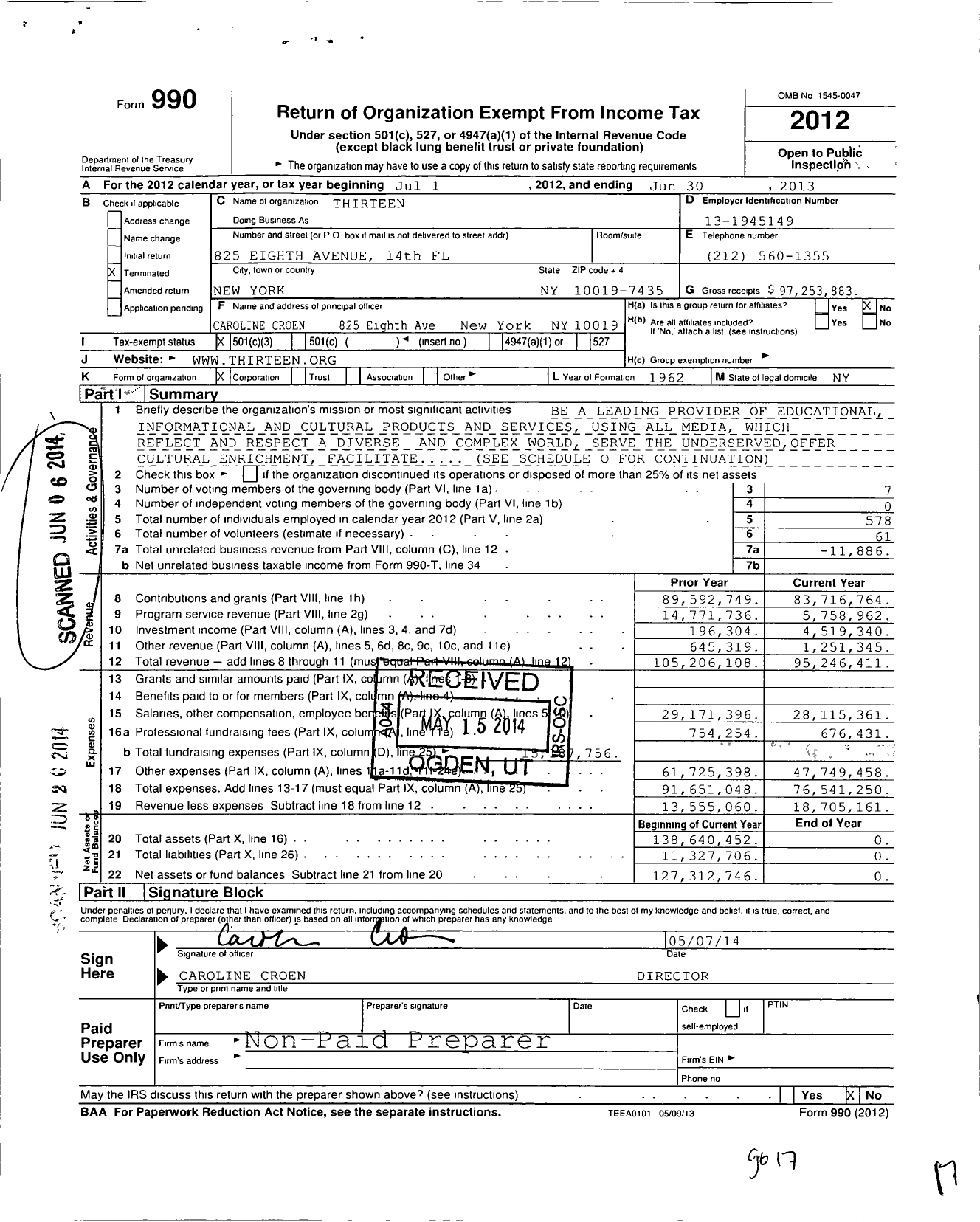 Image of first page of 2012 Form 990 for Thirteen