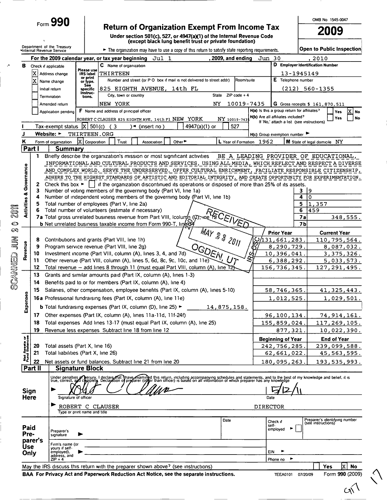 Image of first page of 2009 Form 990 for Thirteen