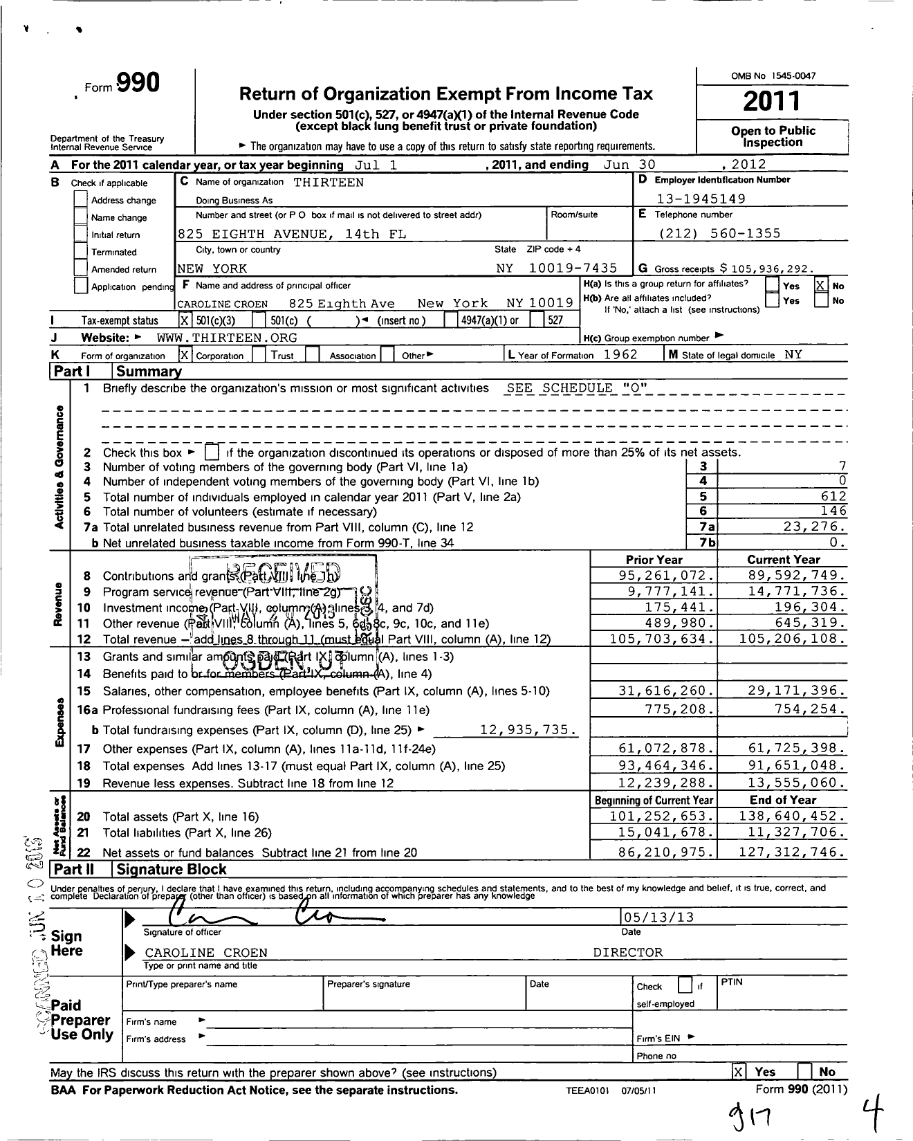 Image of first page of 2011 Form 990 for Thirteen