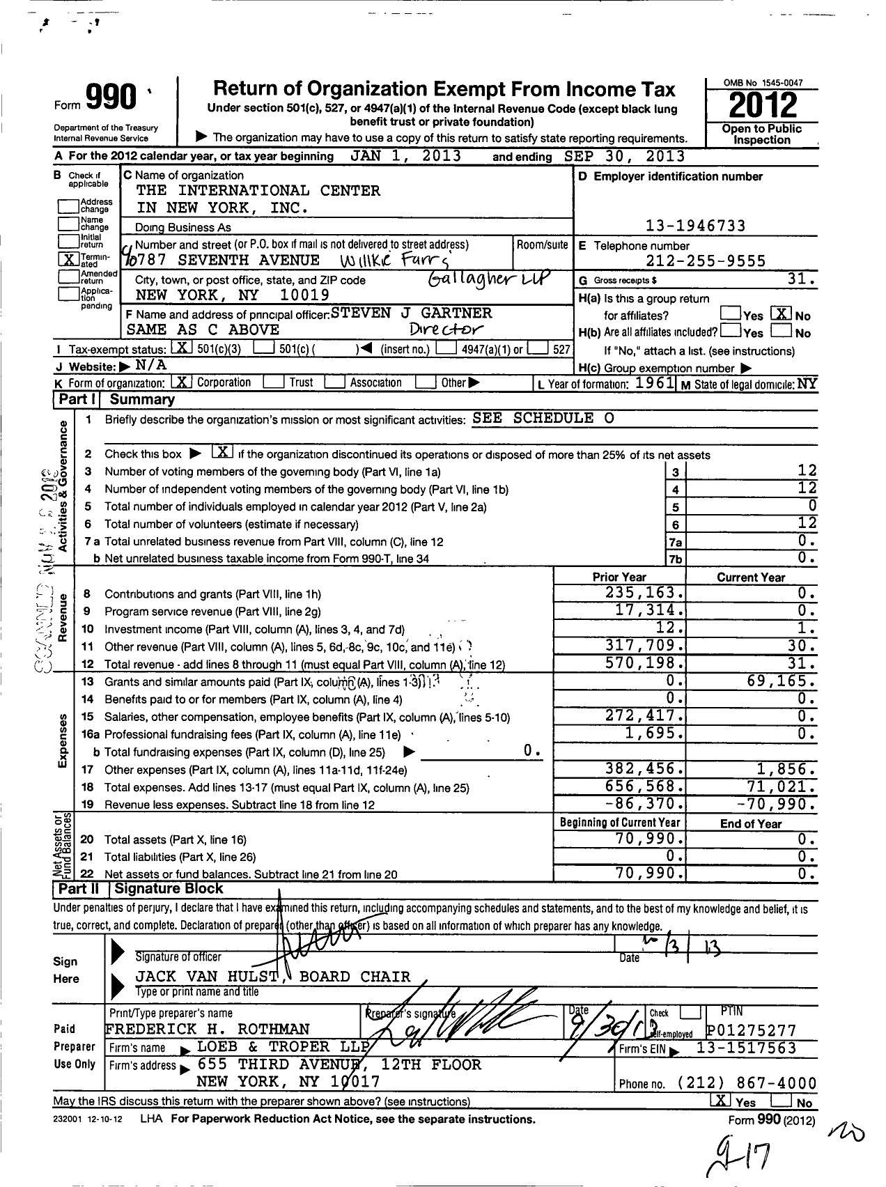 Image of first page of 2012 Form 990 for International Center in New York