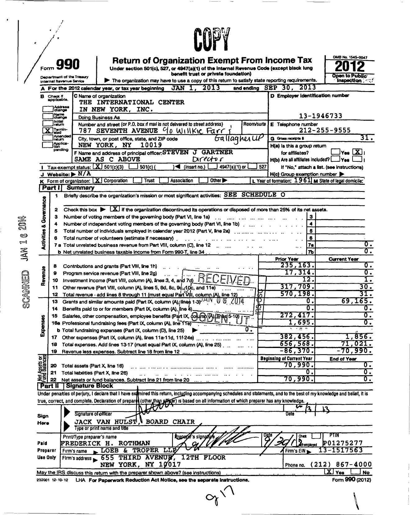 Image of first page of 2012 Form 990 for International Center in New York