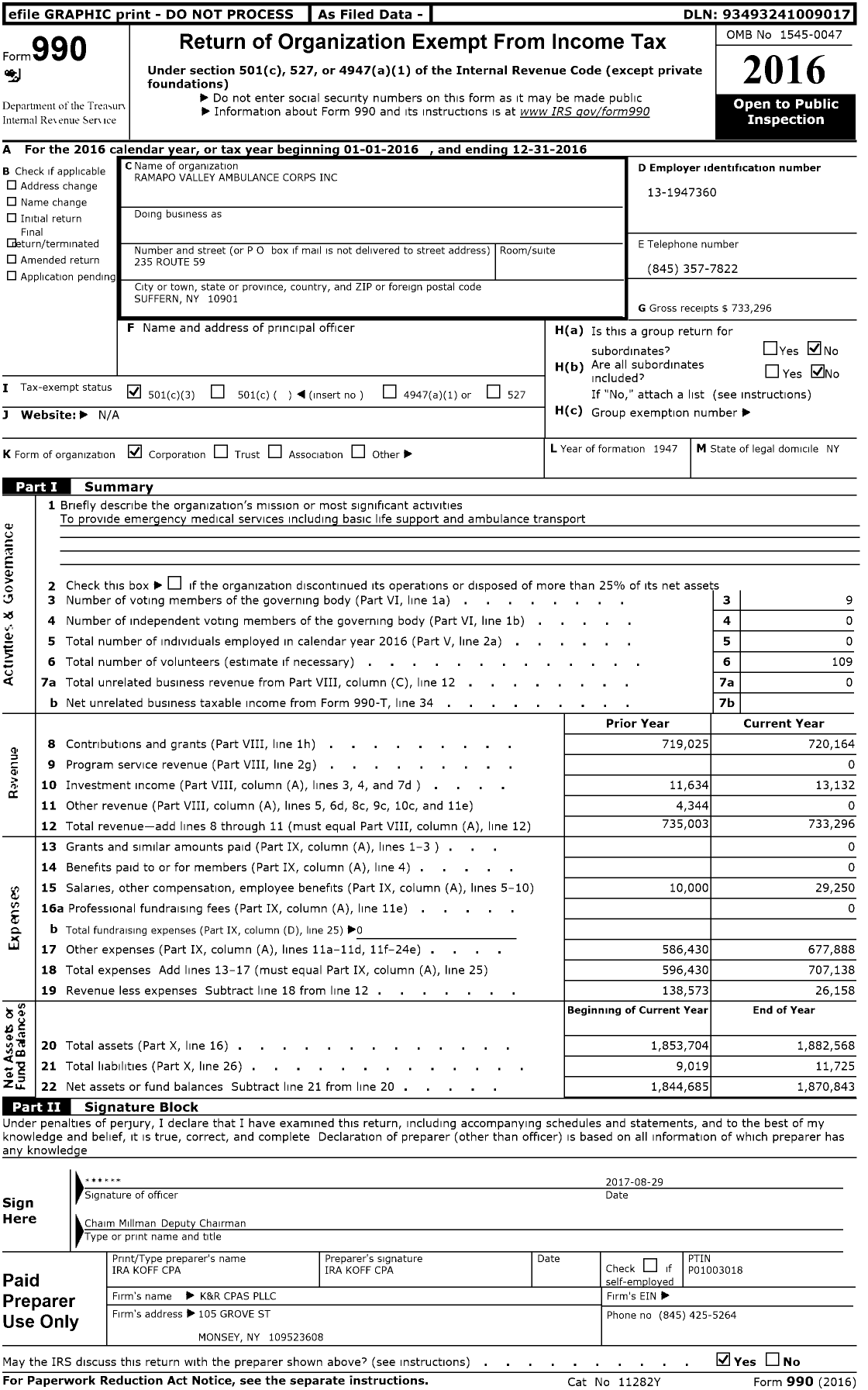 Image of first page of 2016 Form 990 for Ramapo Valley Ambulance Corps