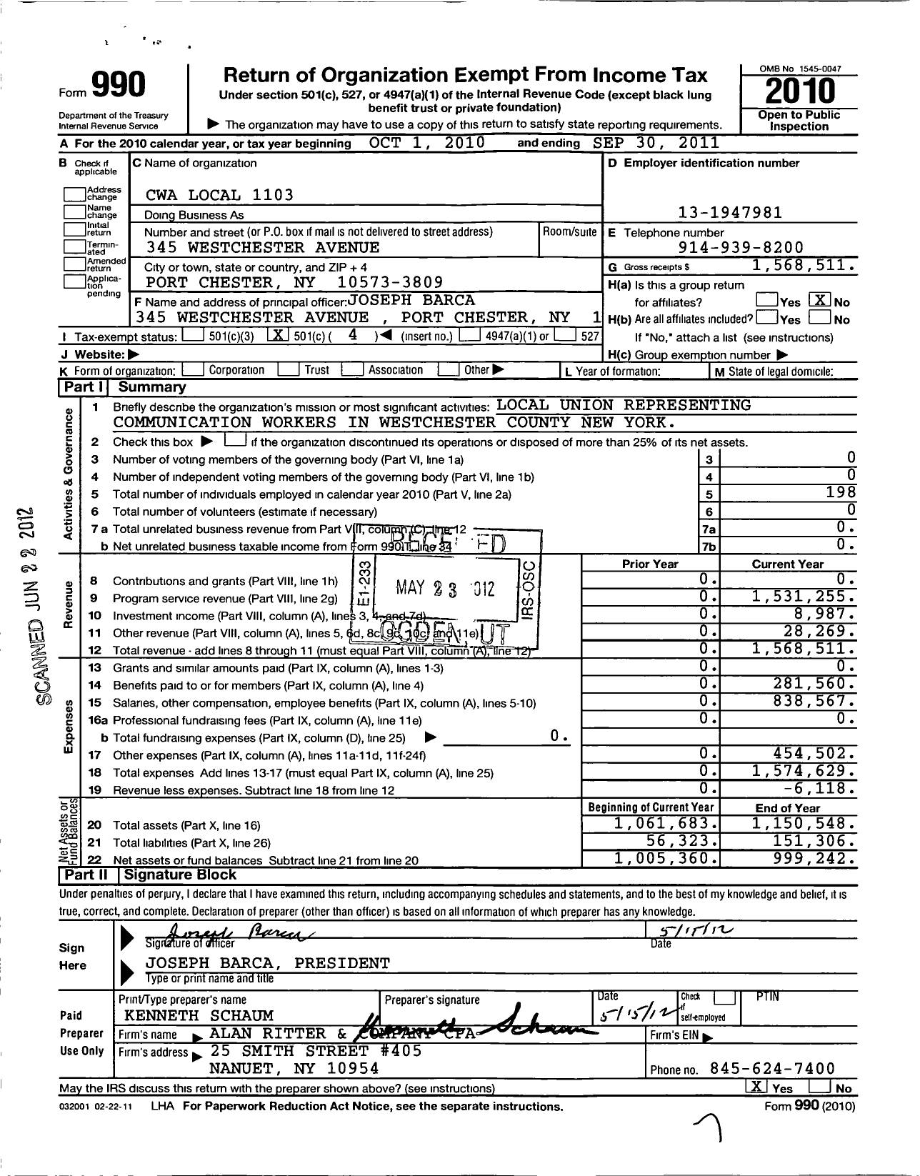 Image of first page of 2010 Form 990O for CWA Local 1103