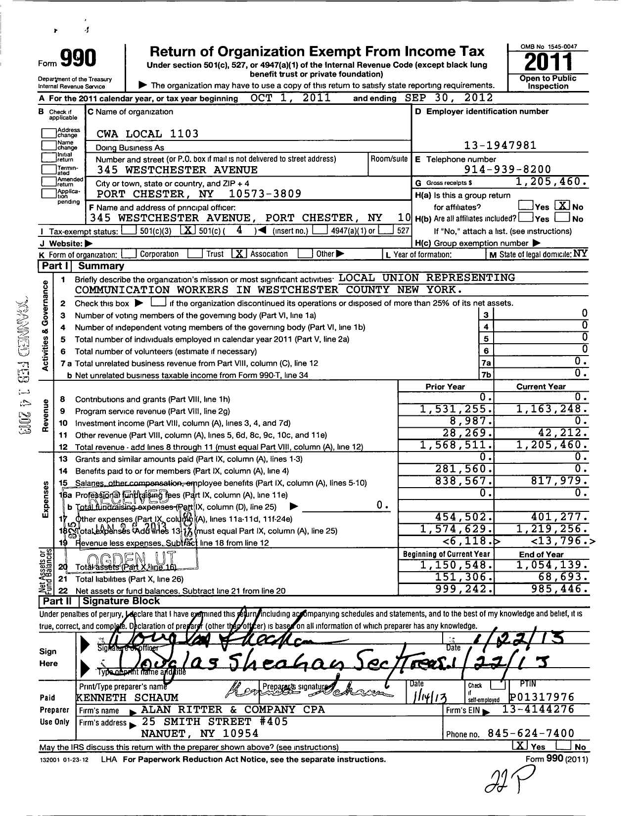 Image of first page of 2011 Form 990O for CWA Local 1103