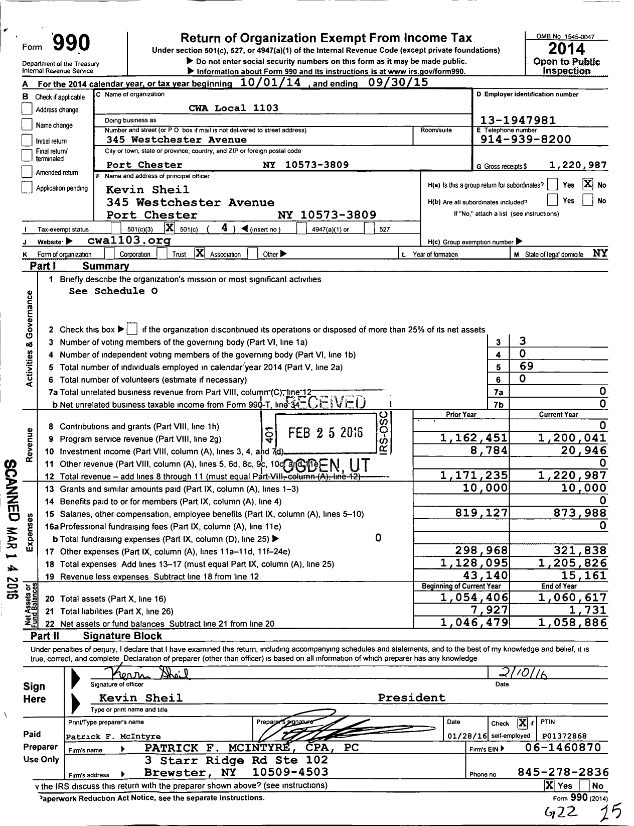 Image of first page of 2014 Form 990O for CWA Local 1103