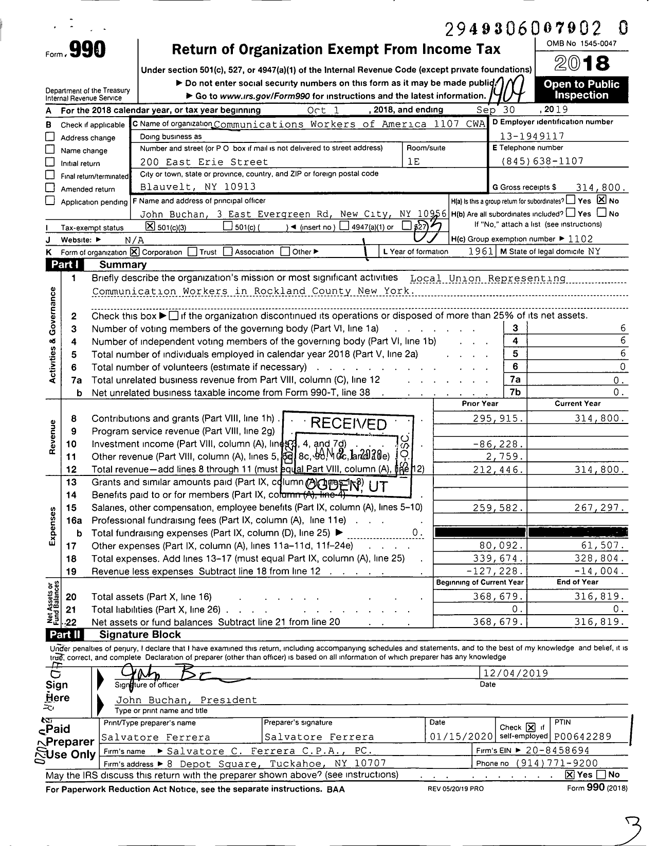 Image of first page of 2018 Form 990 for Communications Workers of America - 1107 CWA