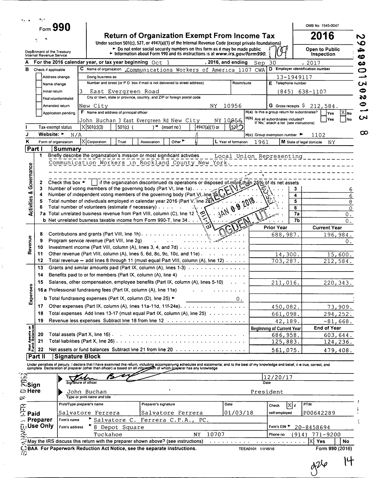 Image of first page of 2016 Form 990 for Communications Workers of America - 1107 CWA