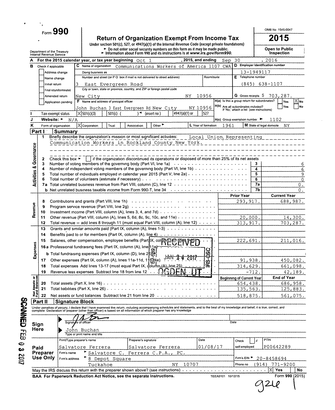 Image of first page of 2015 Form 990 for Communications Workers of America - 1107 CWA