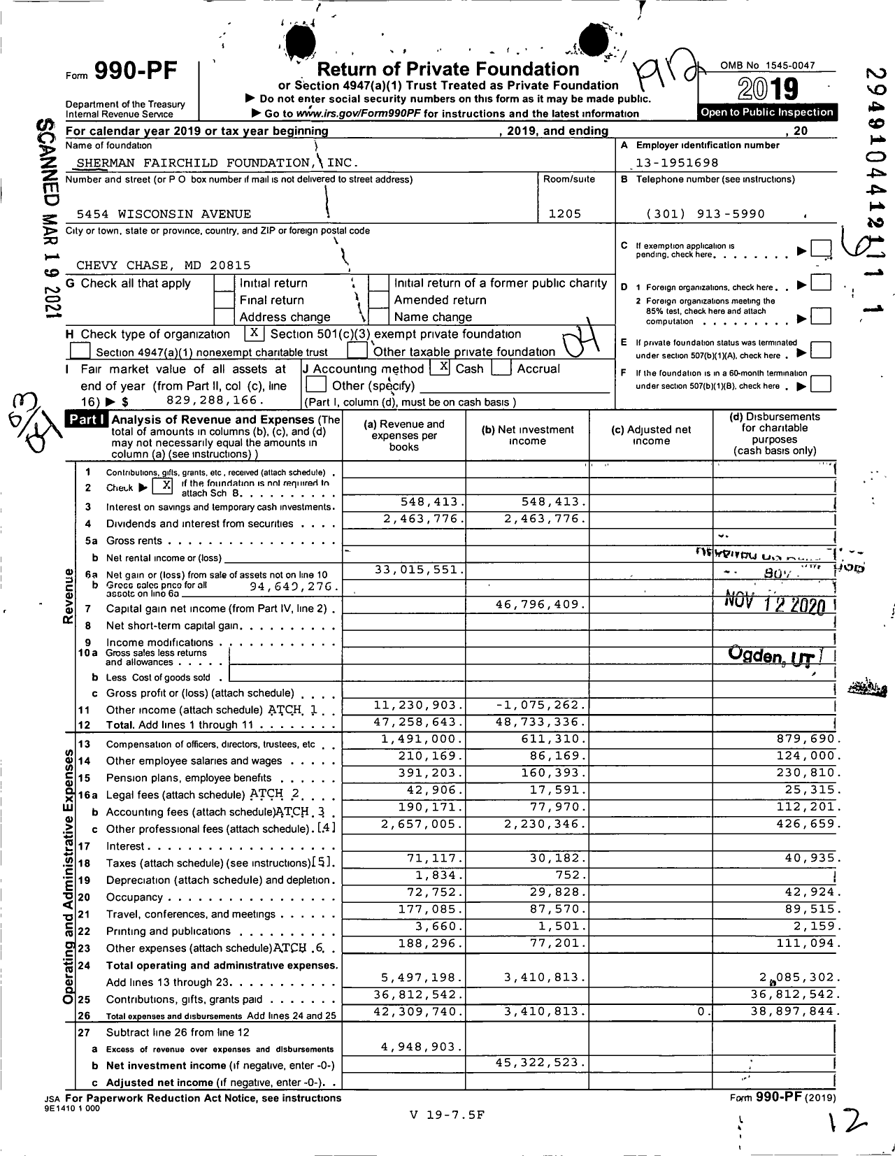 Image of first page of 2019 Form 990PF for Sherman Fairchild Foundation