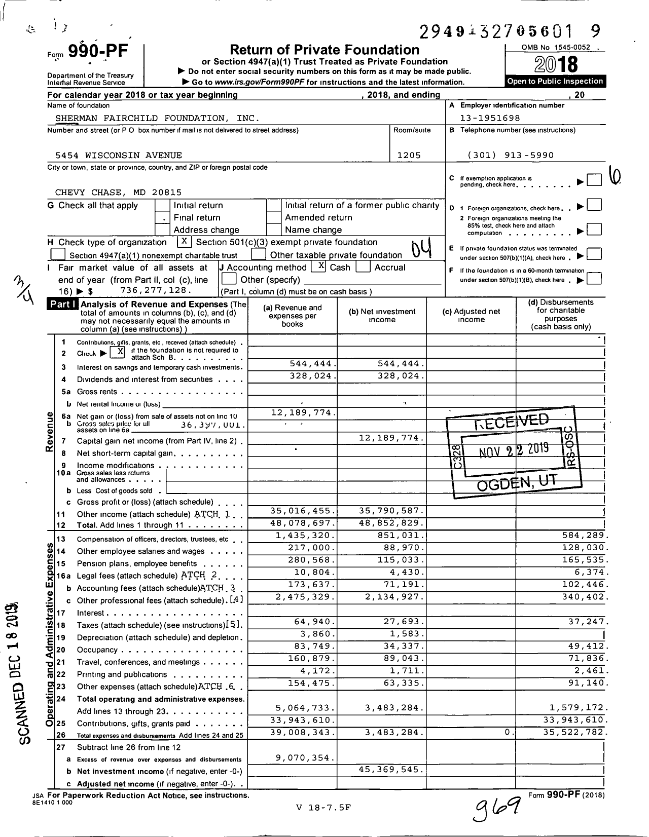 Image of first page of 2018 Form 990PF for Sherman Fairchild Foundation