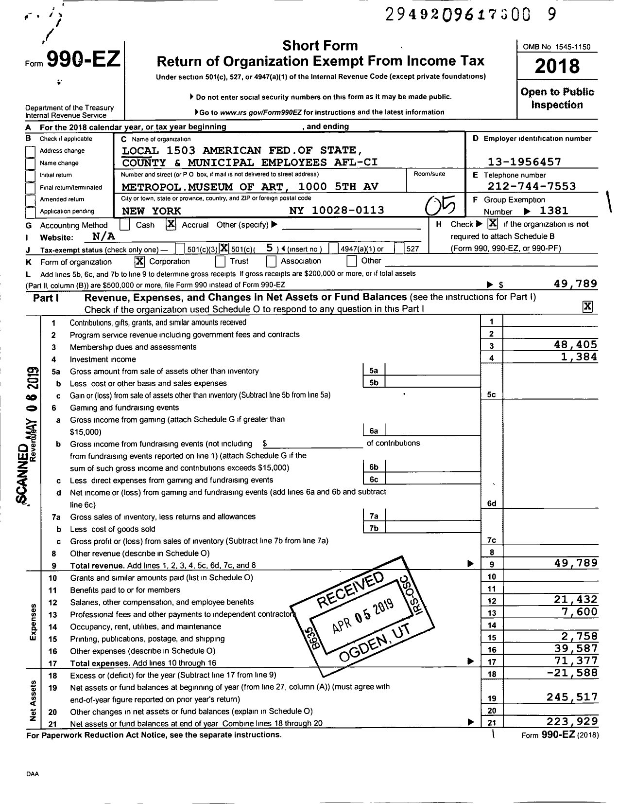 Image of first page of 2018 Form 990EO for American Federation of State County & Municipal Employees - L1503ny Nyc Metro Museum of Art Emp