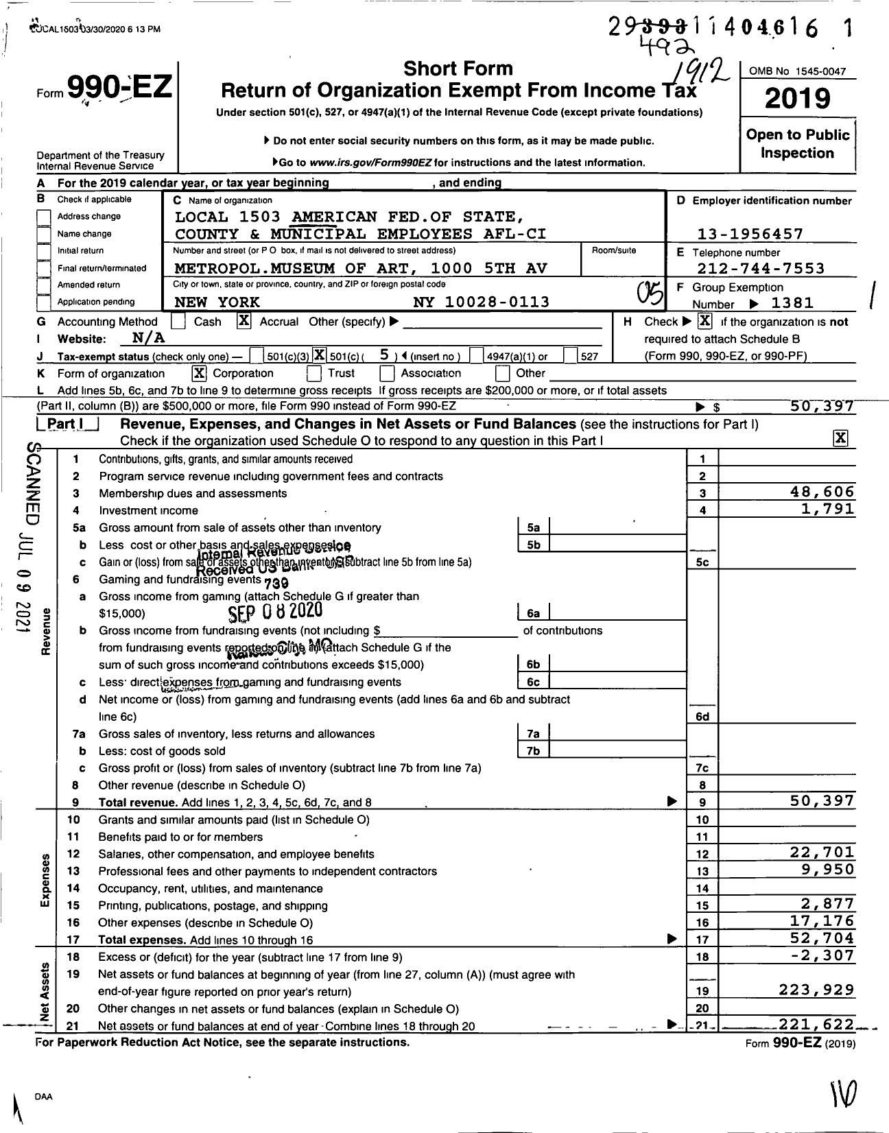 Image of first page of 2019 Form 990EO for American Federation of State County & Municipal Employees - L1503ny Nyc Metro Museum of Art Emp