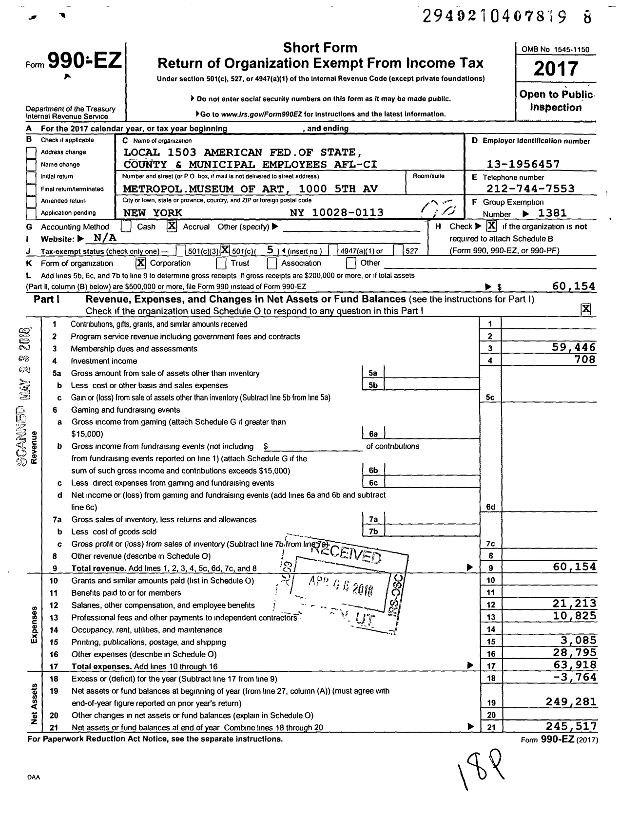 Image of first page of 2017 Form 990EO for American Federation of State County & Municipal Employees - L1503ny Nyc Metro Museum of Art Emp