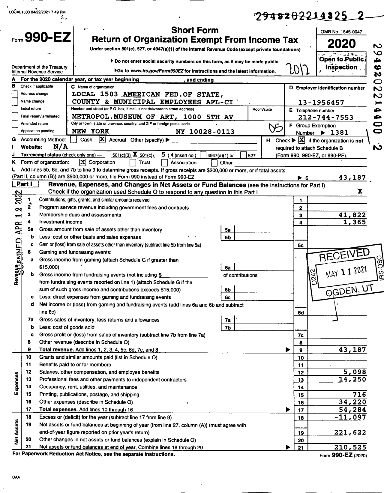 Image of first page of 2020 Form 990EO for American Federation of State County & Municipal Employees - L1503ny Nyc Metro Museum of Art Emp