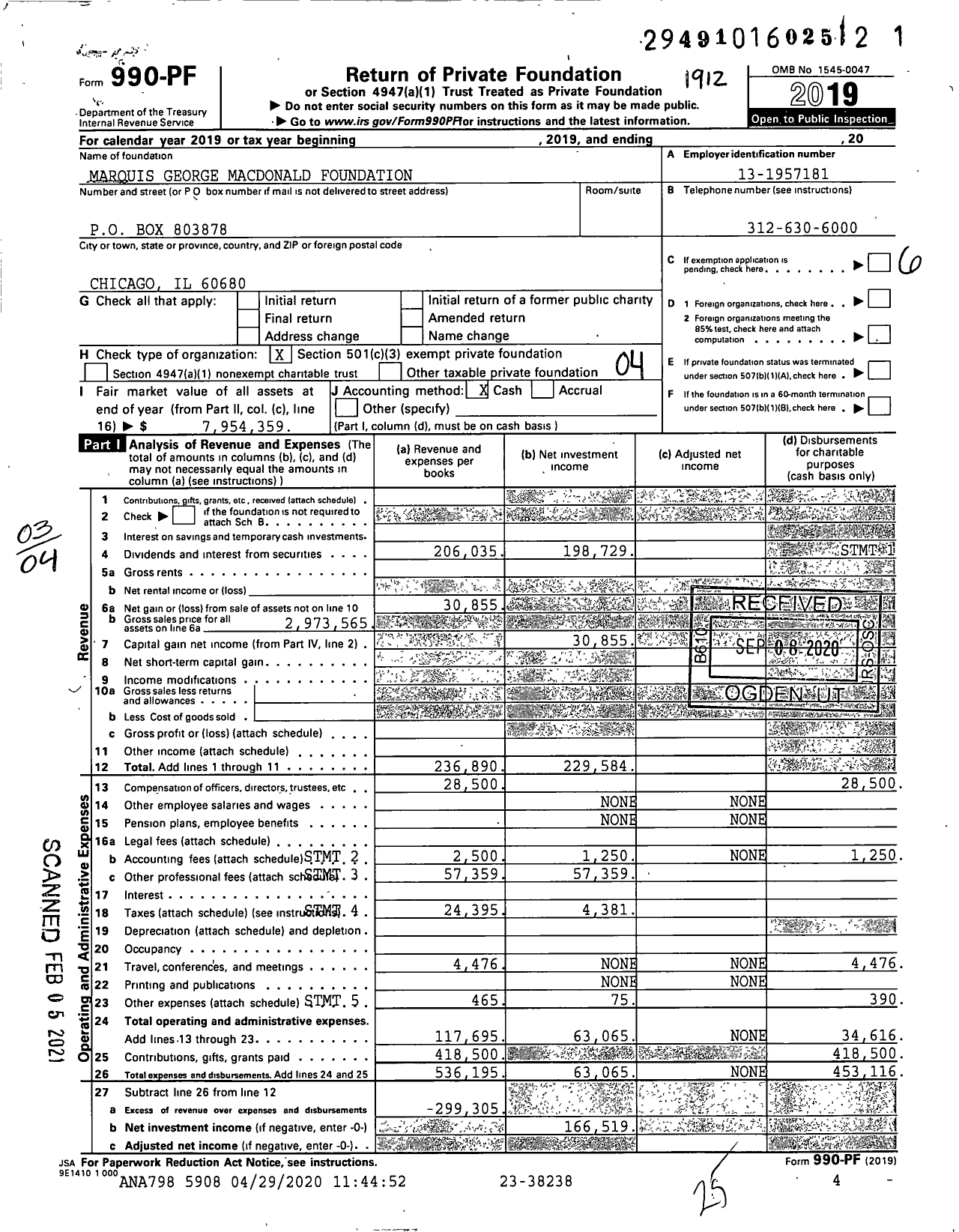 Image of first page of 2019 Form 990PF for Marquis George Macdonald Foundation