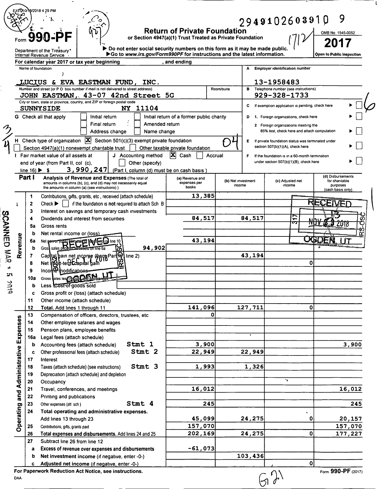 Image of first page of 2017 Form 990PF for Lucius and Eva Eastman Fund