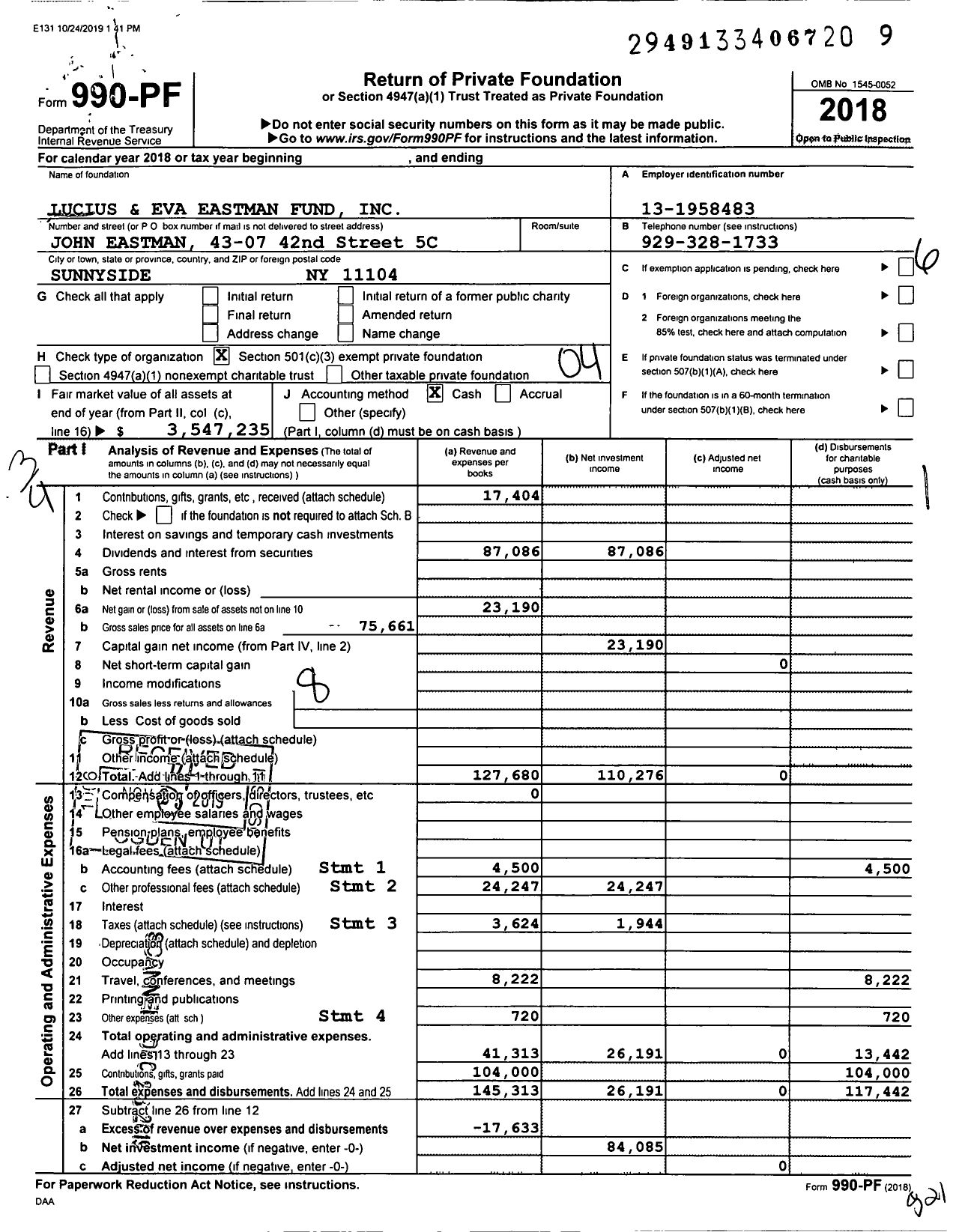 Image of first page of 2018 Form 990PF for Lucius and Eva Eastman Fund