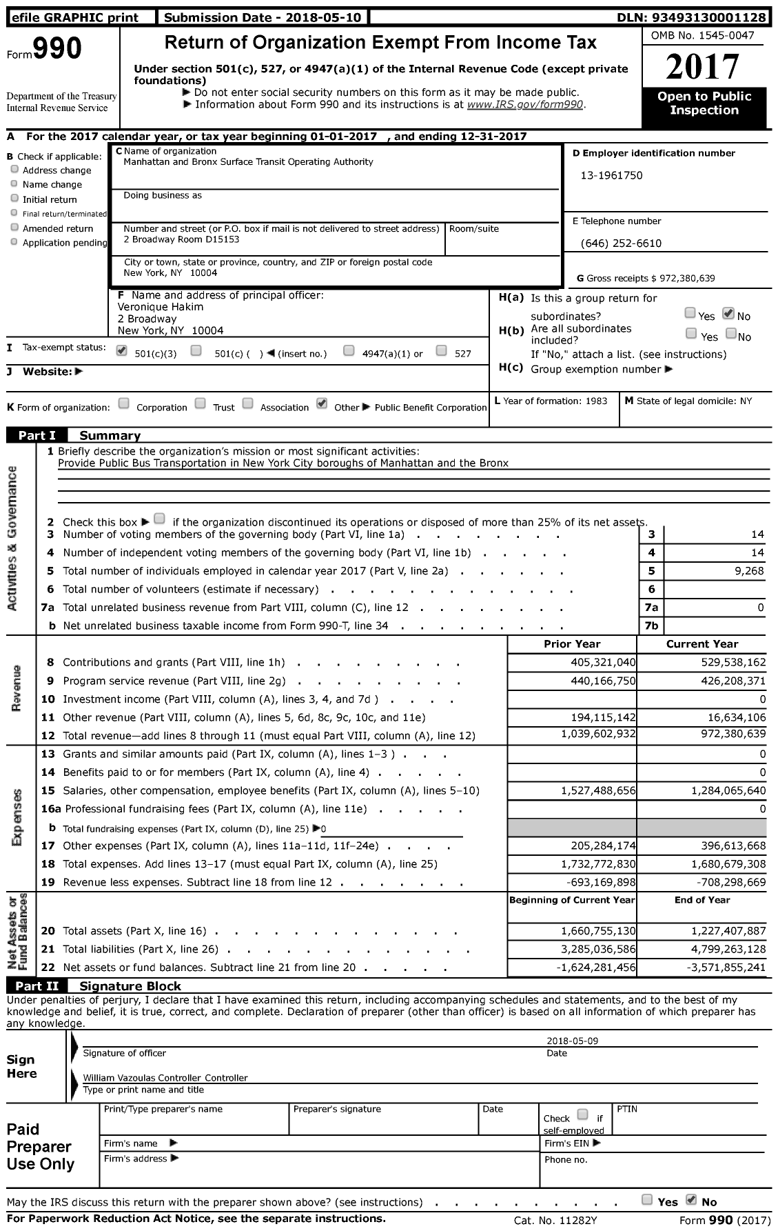 Image of first page of 2017 Form 990 for Manhattan and Bronx Surface Transit Operating Authority (MaBSTOA)