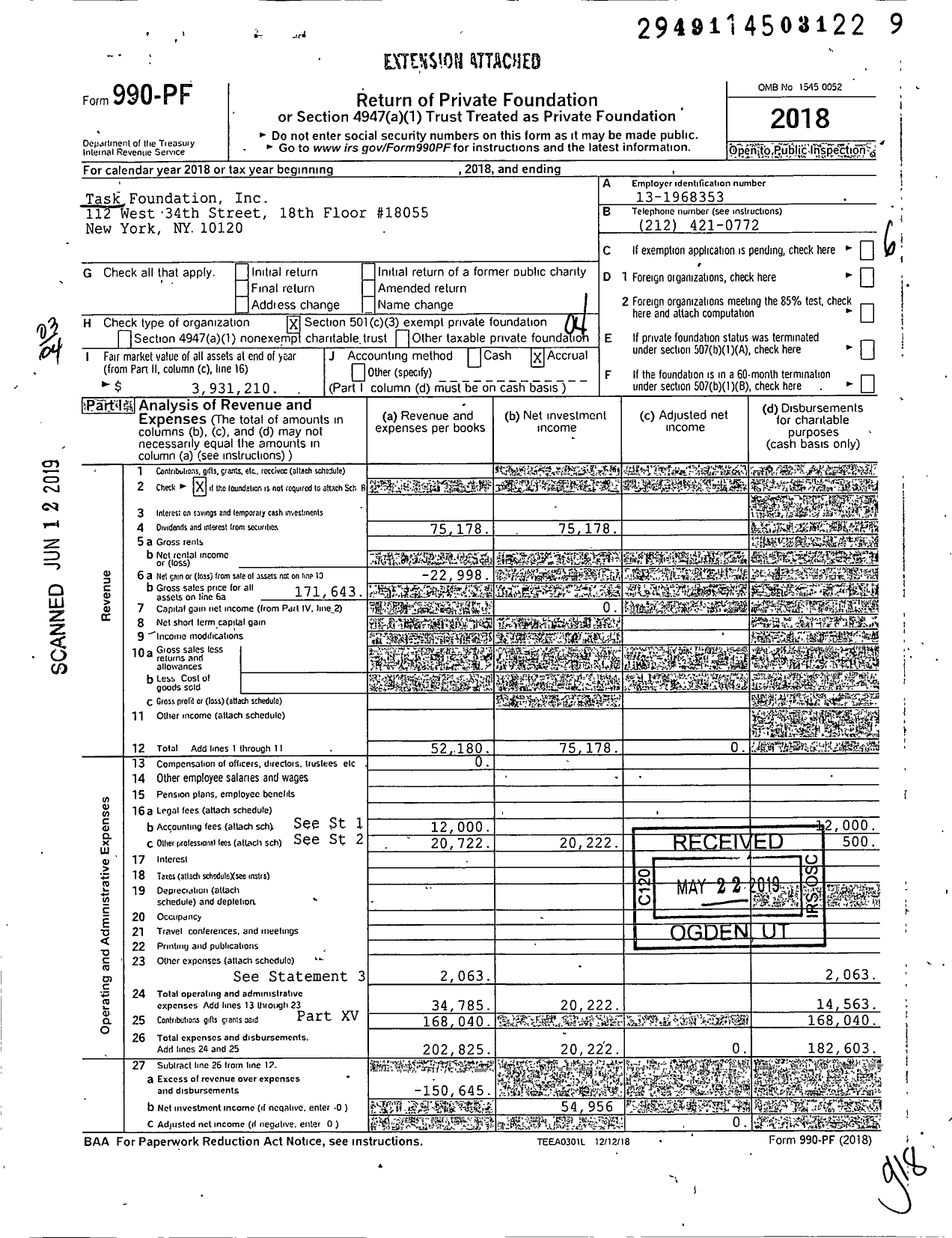 Image of first page of 2018 Form 990PF for TASK Foundation